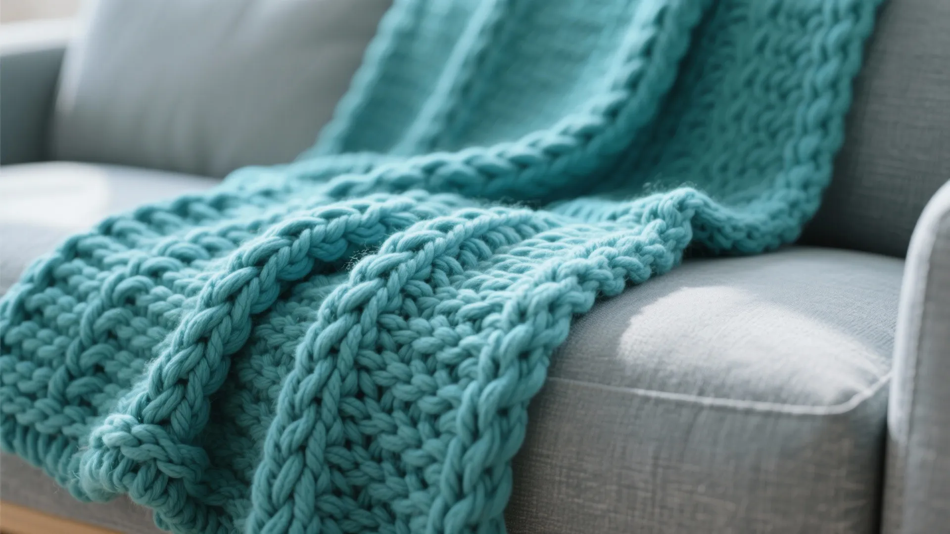 Teal knit throw over grey sofa in bright living room