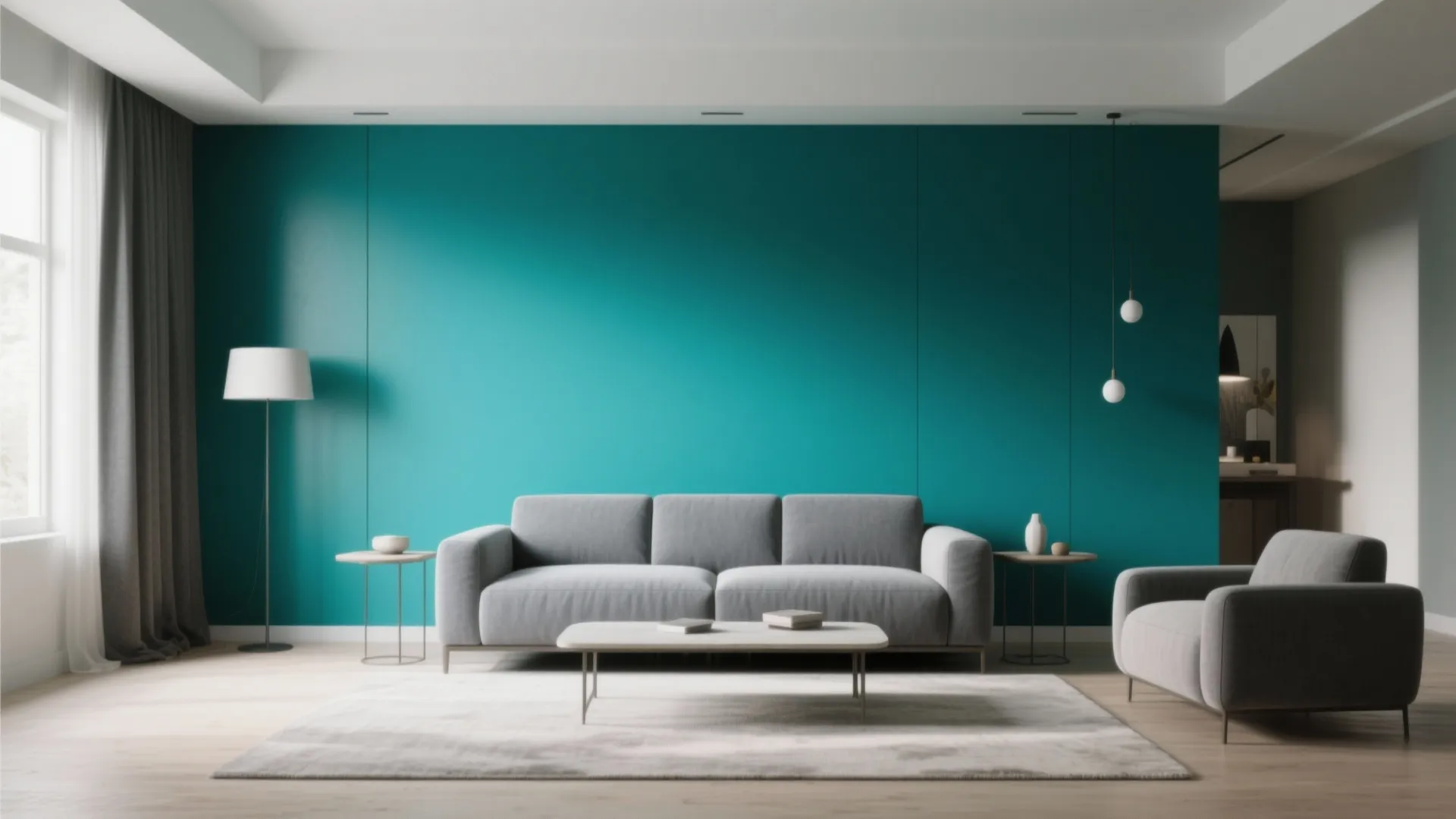 Modern living room featuring a grey sofa against a bright teal wall with minimalist furniture