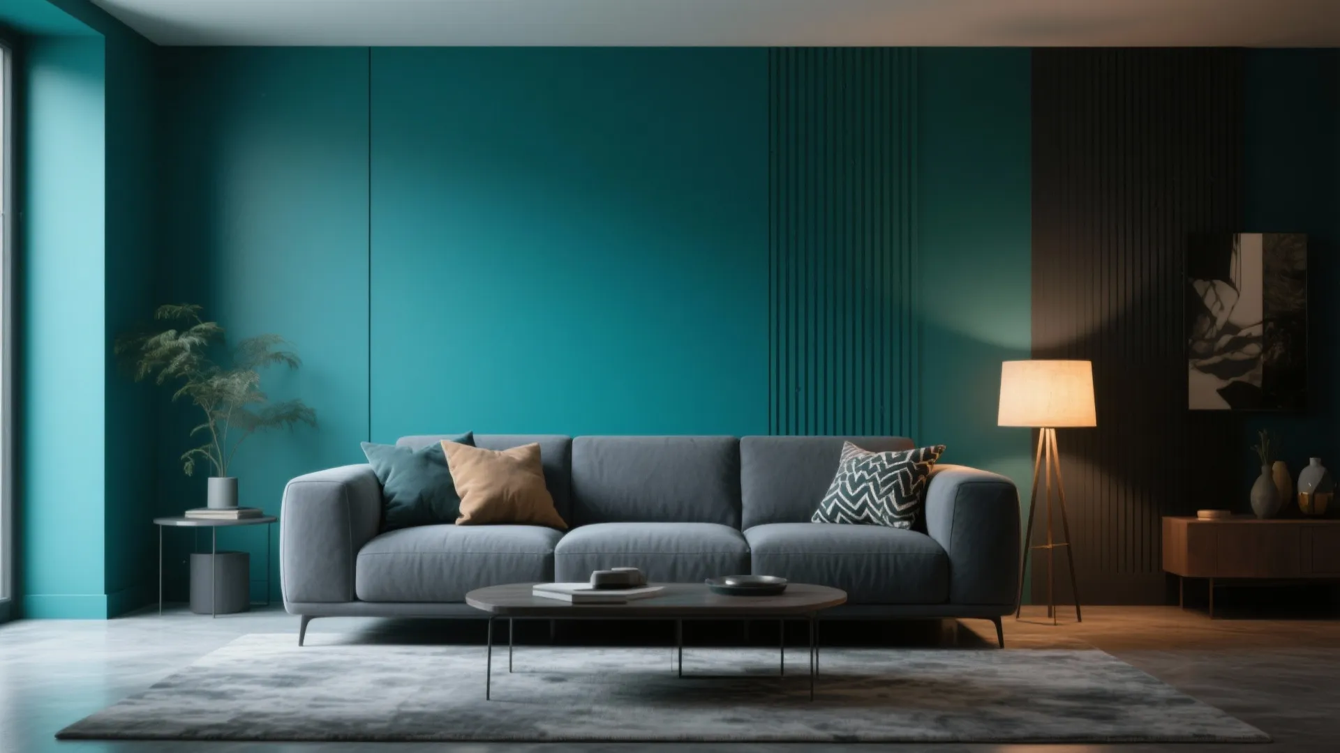 2. Grey Sofa with Bold Accent Wall