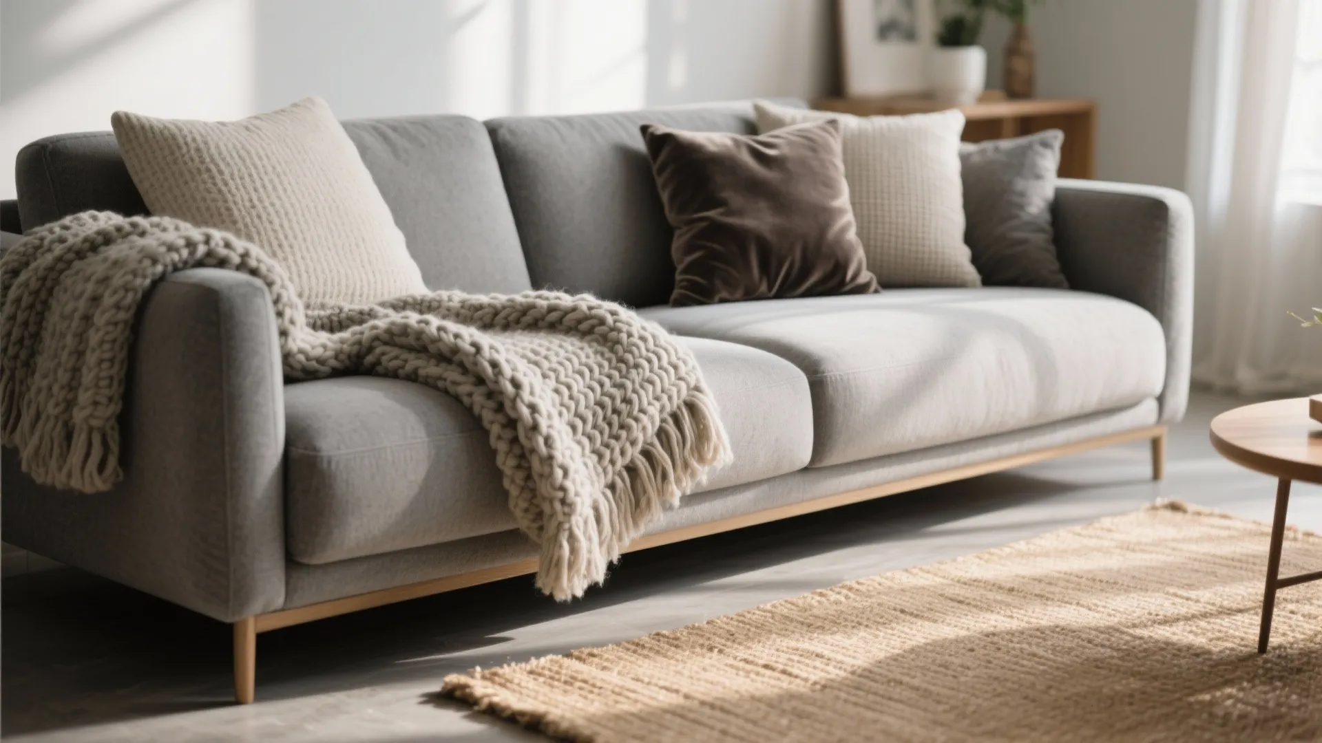 Close-up of grey sofa with layered throws and cushions