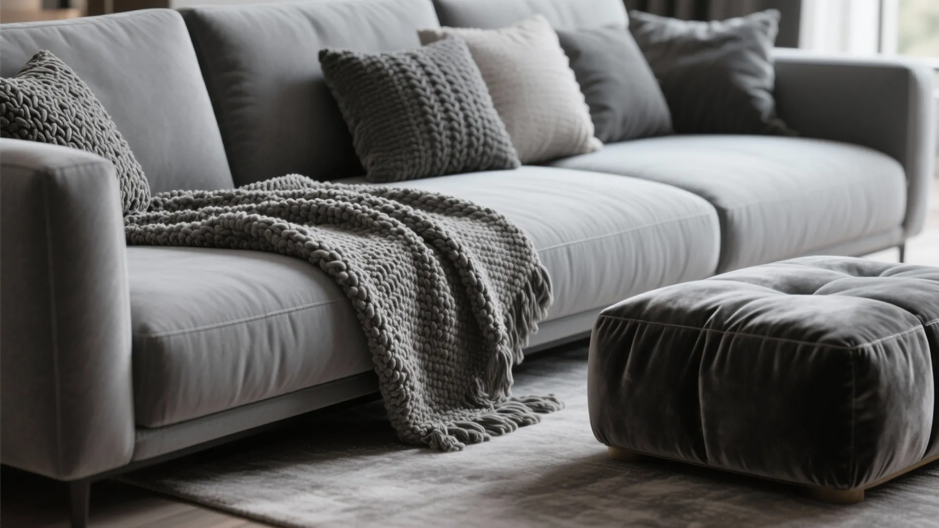 Close-up of grey sofa with layered textures like boucle and velvet