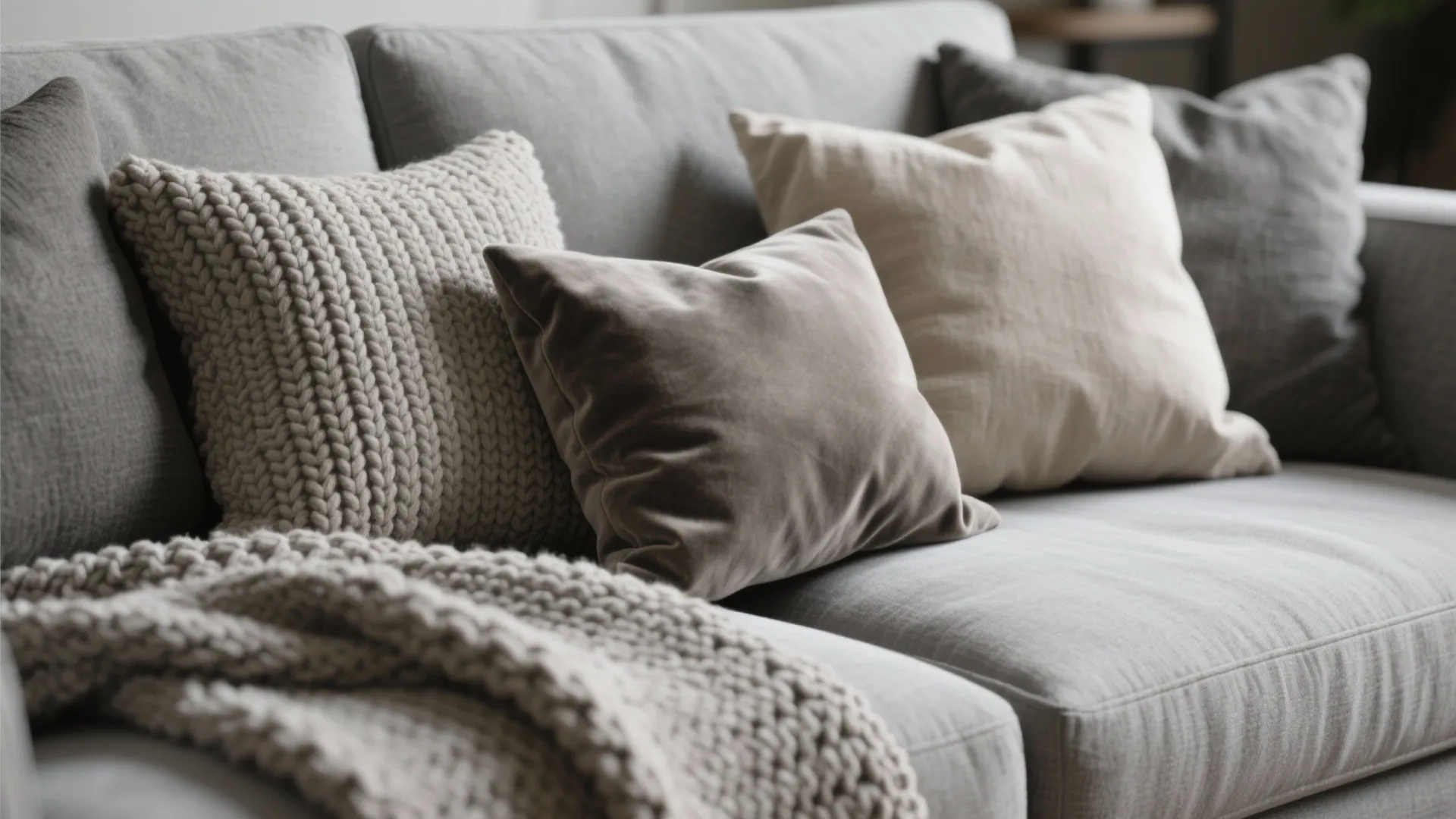 Close up of grey sofa with various textured pillows and a soft knitted blanket on top