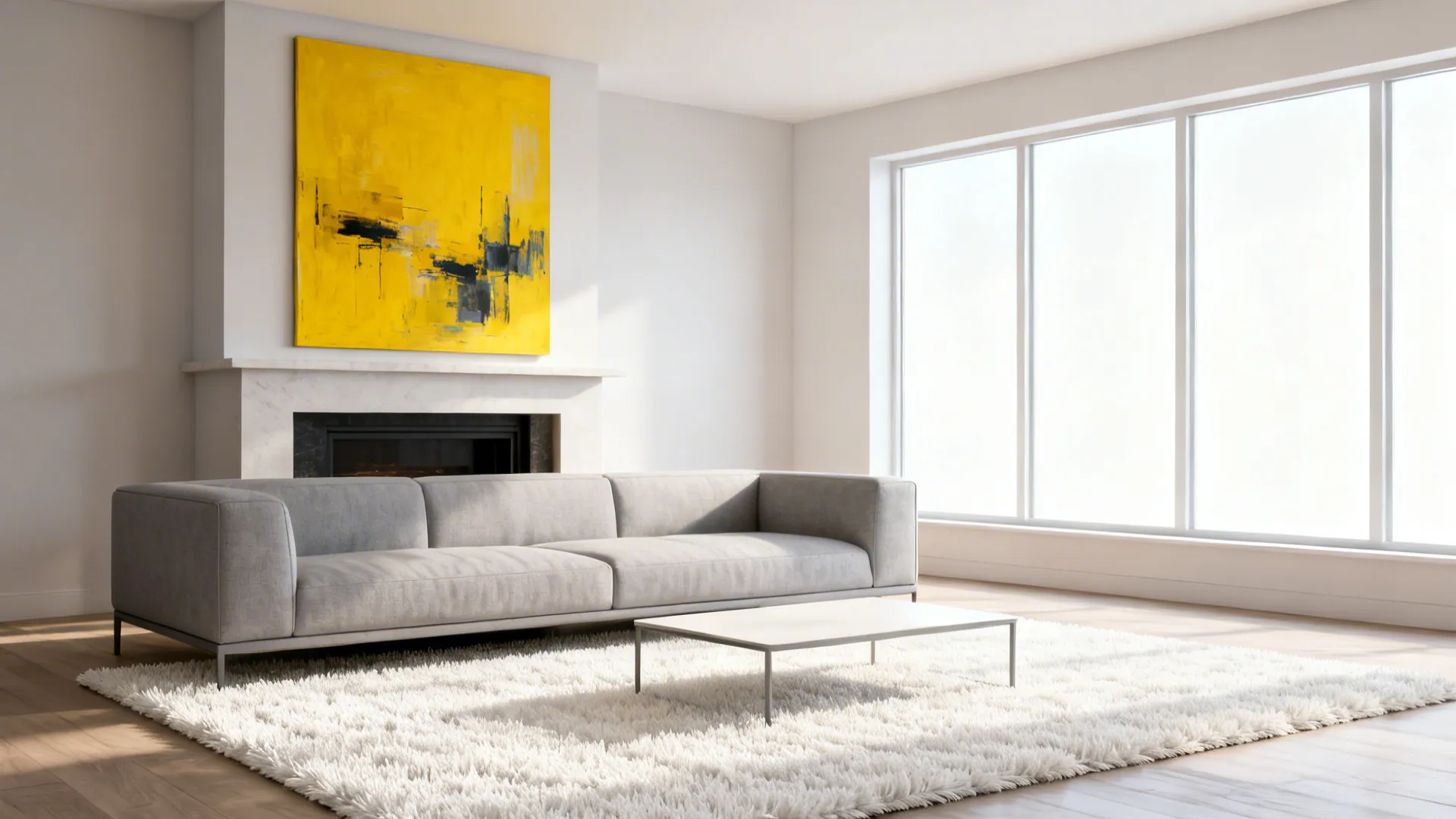 Modern living room with grey sofa white rug yellow painting fireplace coffee table and windows