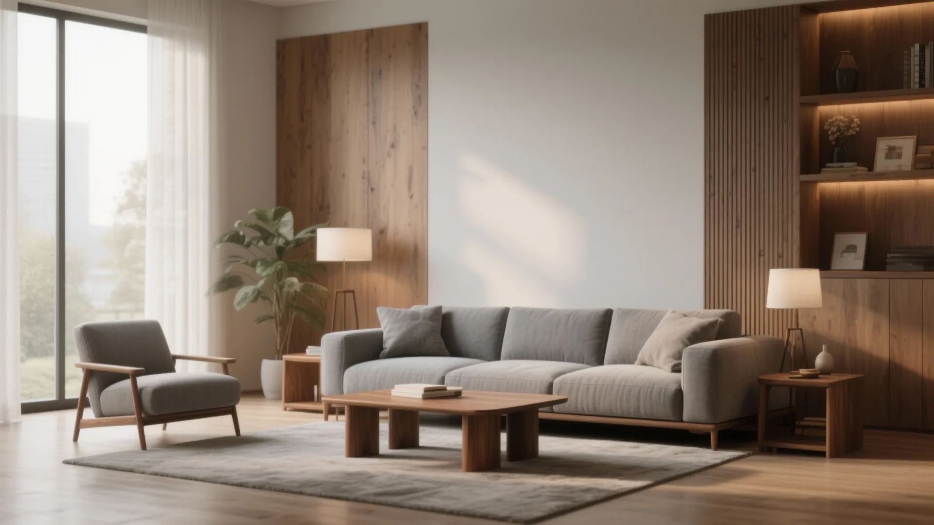 Living room with grey sofa and walnut wood side tables