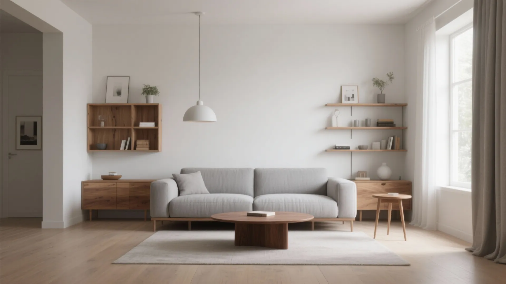 Minimalist living room with grey sofa round wooden coffee table wall shelves and ceiling light
