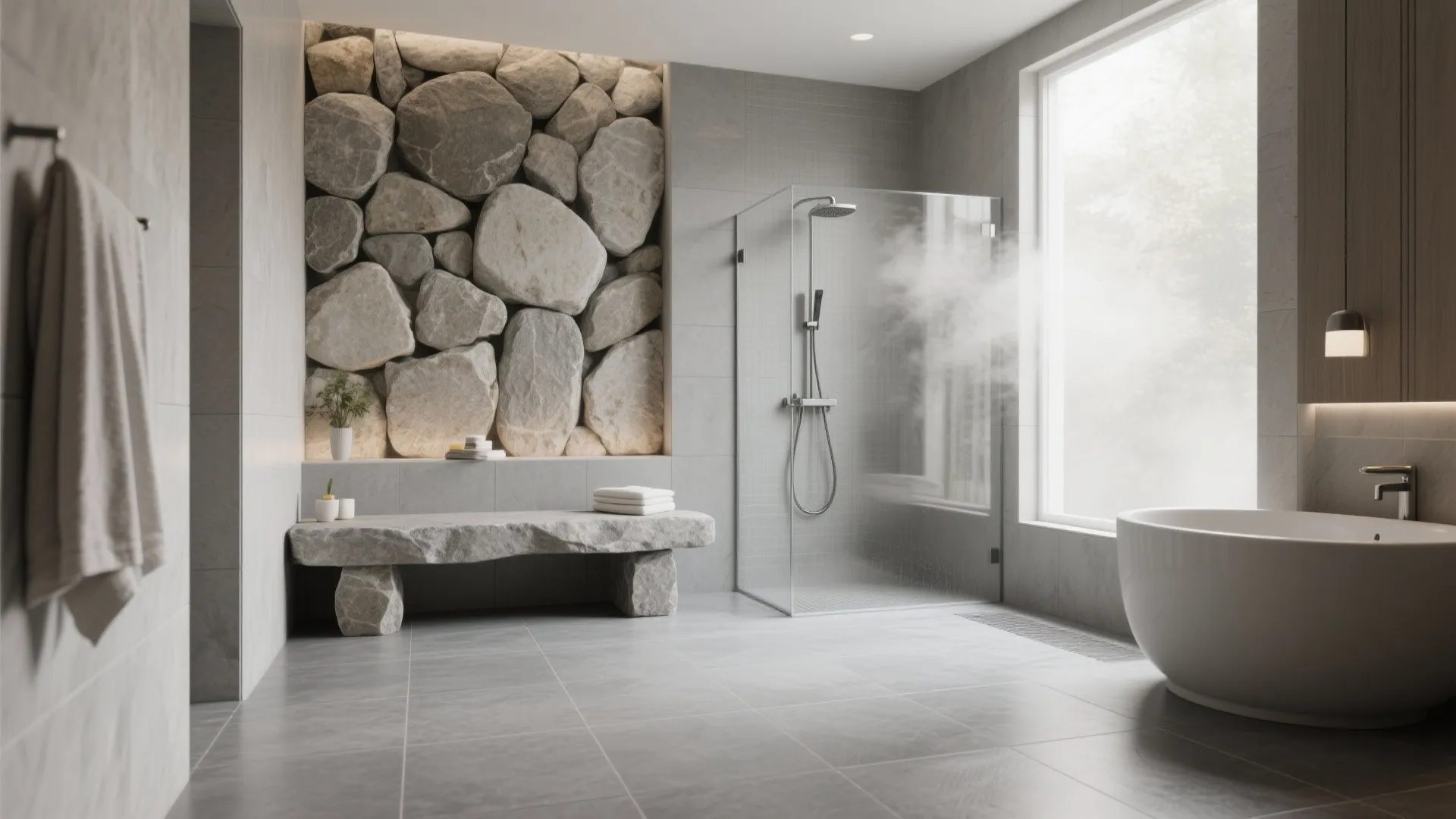 4. Spa-like Matte Grey with Natural Stone