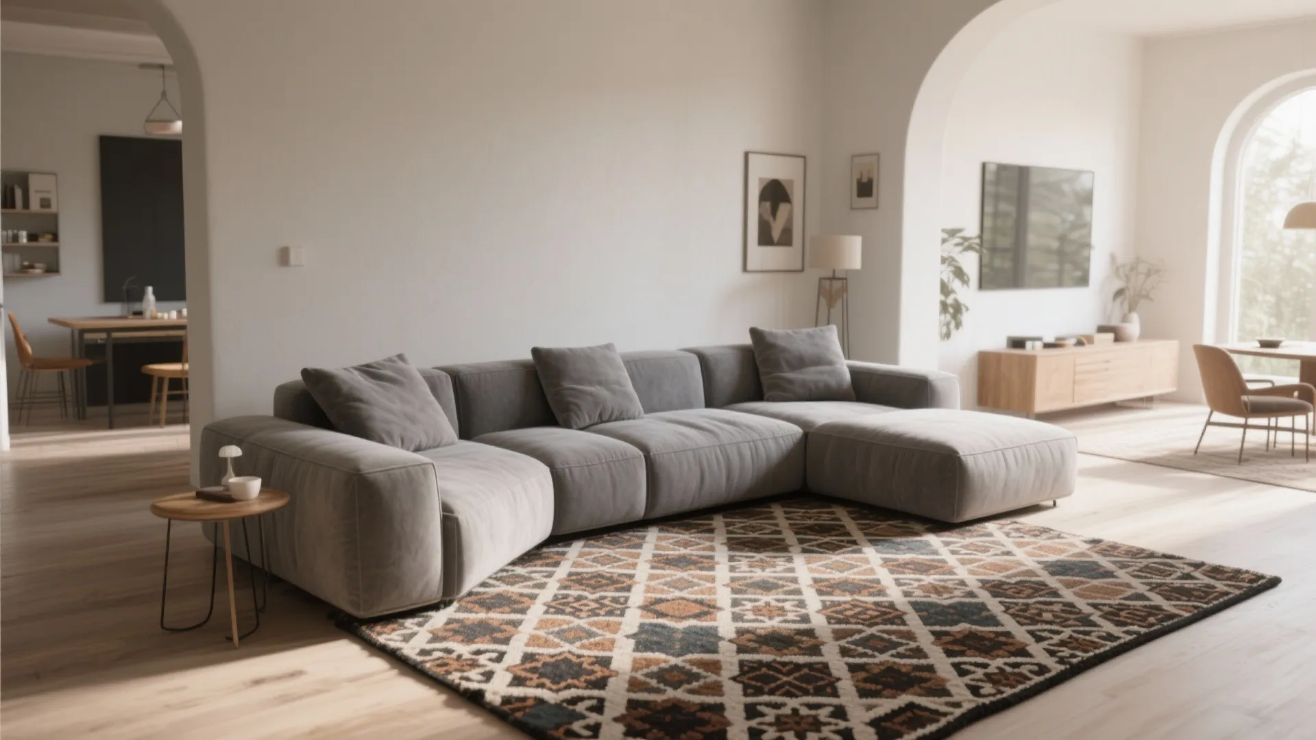 Large grey sofa placed on patterned rug in bright open-plan living room with arched windows