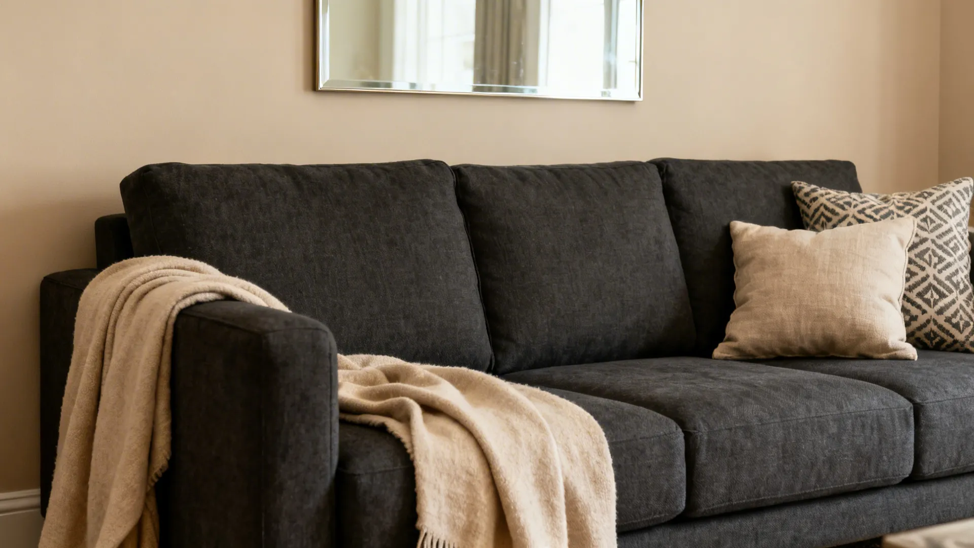 Charcoal grey statement sofa set against soft beige walls with layered throws