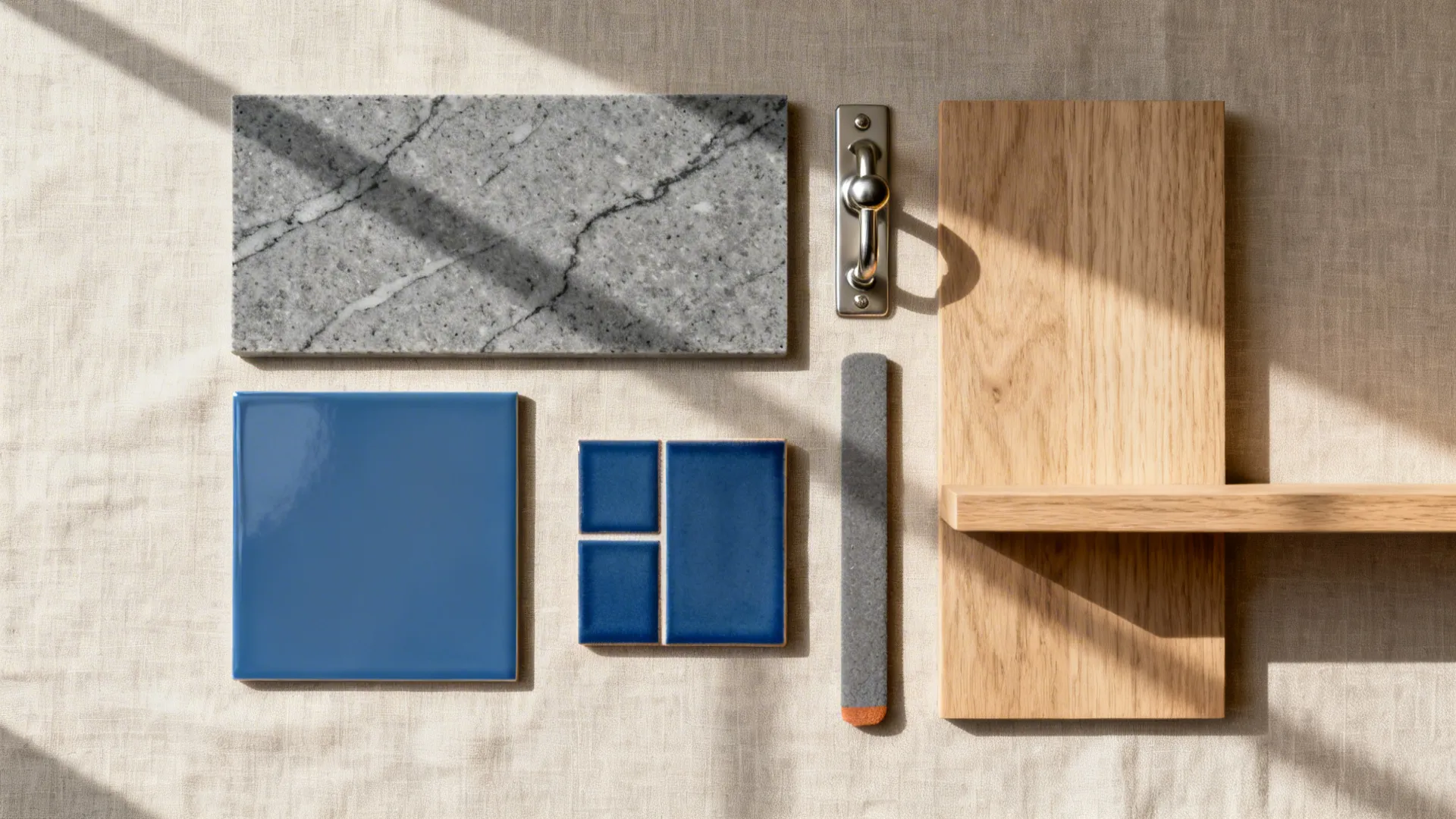 Flat lay of mid-grey quartz, blue enamel swatch, nickel hardware, warm grey grout, and oak veneer.