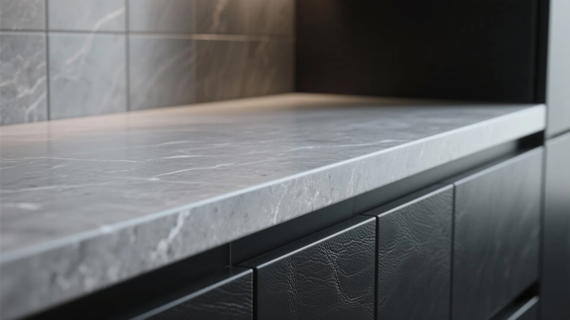 Close-up of grey honed stone countertop paired with matte black cabinet face.