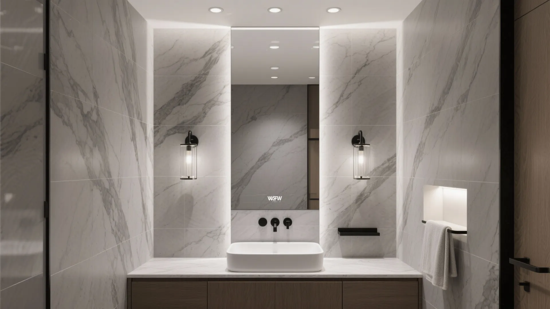 Minimalist bathroom interior featuring marble wall panel white sink dark cabinet and vertical wall lights
