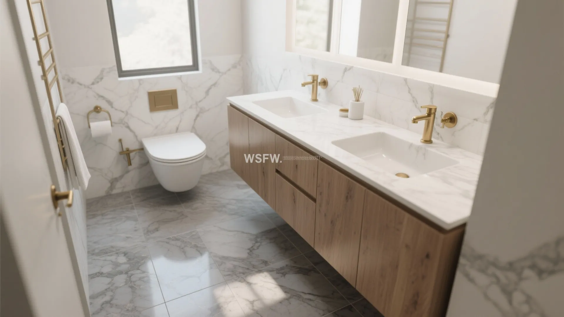 Small bathroom with stone-look grey porcelain floor showing subtle veining, warm white walls, and brass accents.