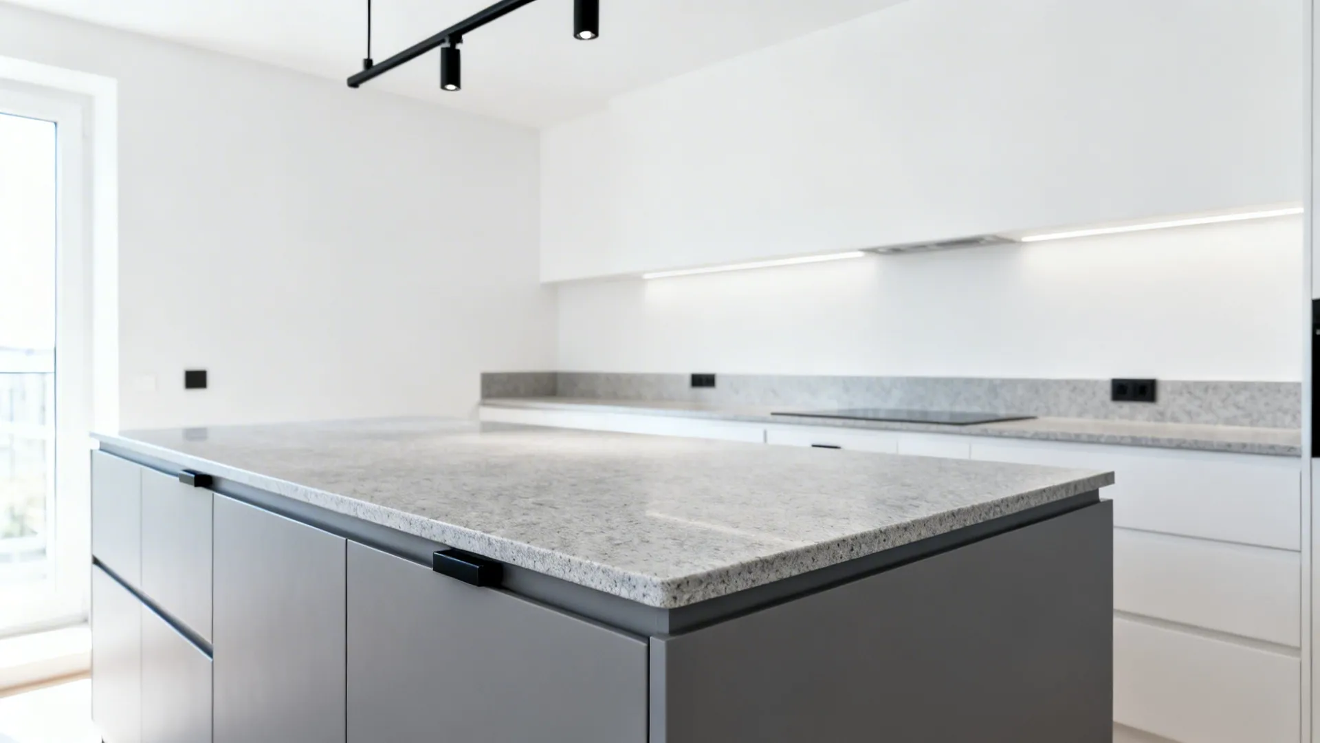 Honed grey quartz countertop paired with white walls and a black track light.