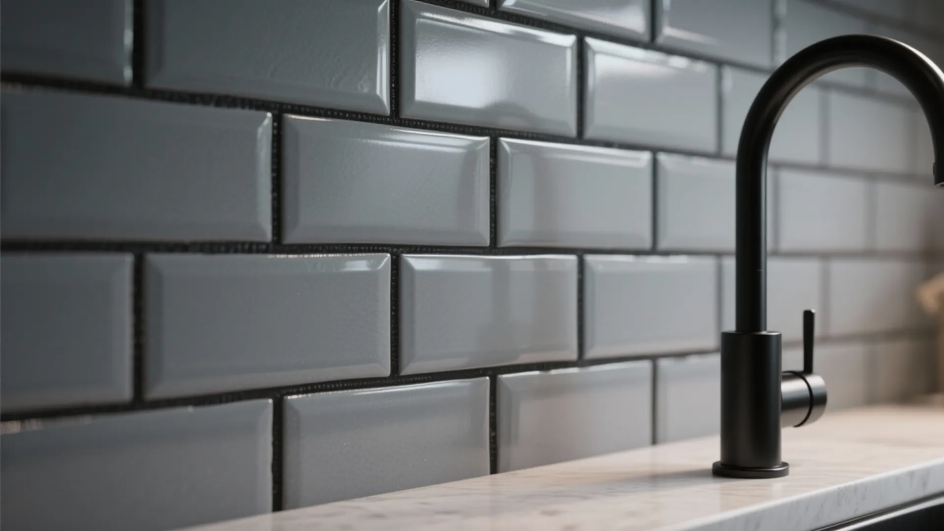 2. Grey subway tile backsplash with black grout