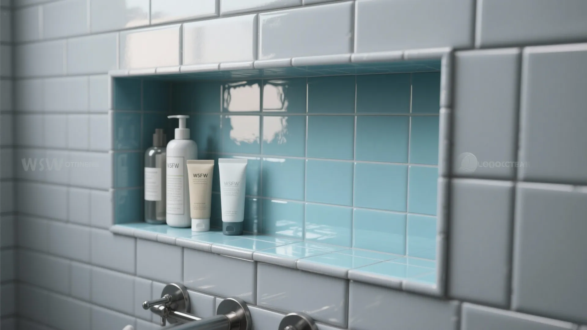 Grey subway tile wall with a glossy light-blue recessed niche for toiletries.