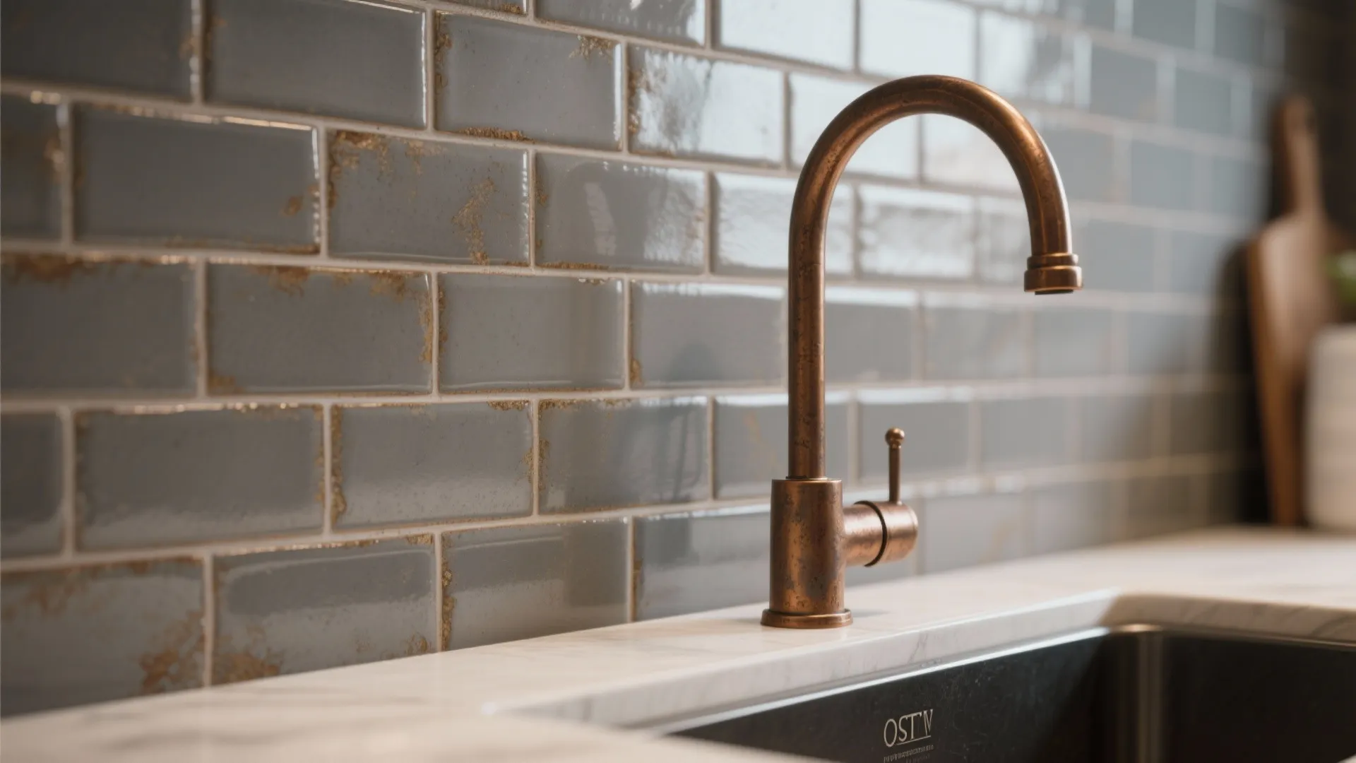5. Grey Subway Tile Backsplash with Bronze Accents