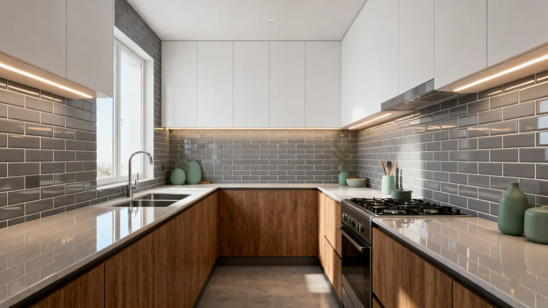 Grey subway tile backsplash in stacked and staggered patterns in a compact galley kitchen.