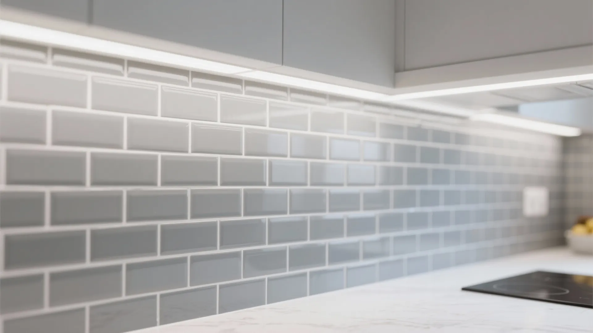 Modern kitchen with grey wall tiles and bright under cabinet light fixture on white marble countertop