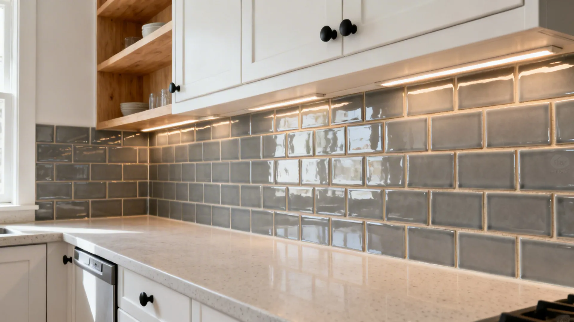 Smoky grey glossy subway tiles stacked vertically with warm grout in a compact kitchen.