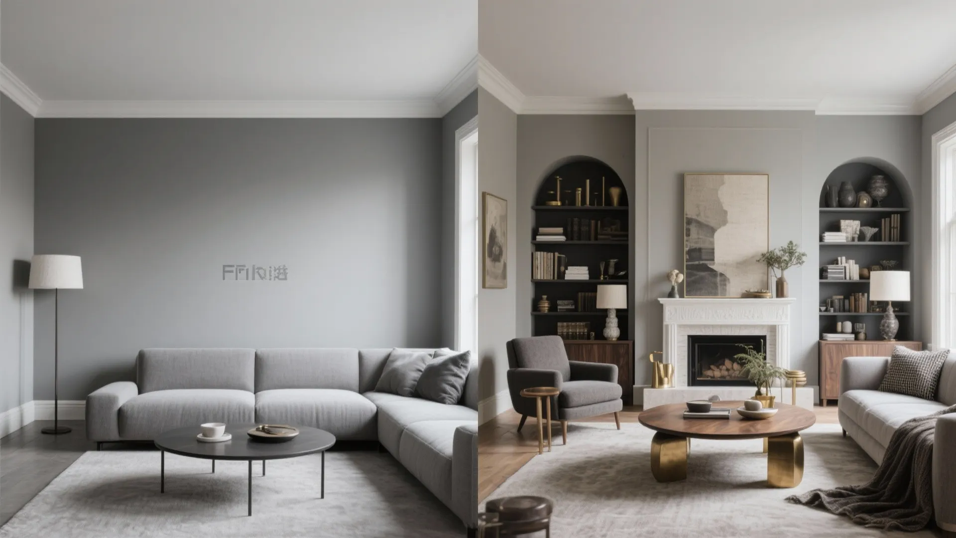 Side by side interior design drawing showing simple grey room versus decorated living room space