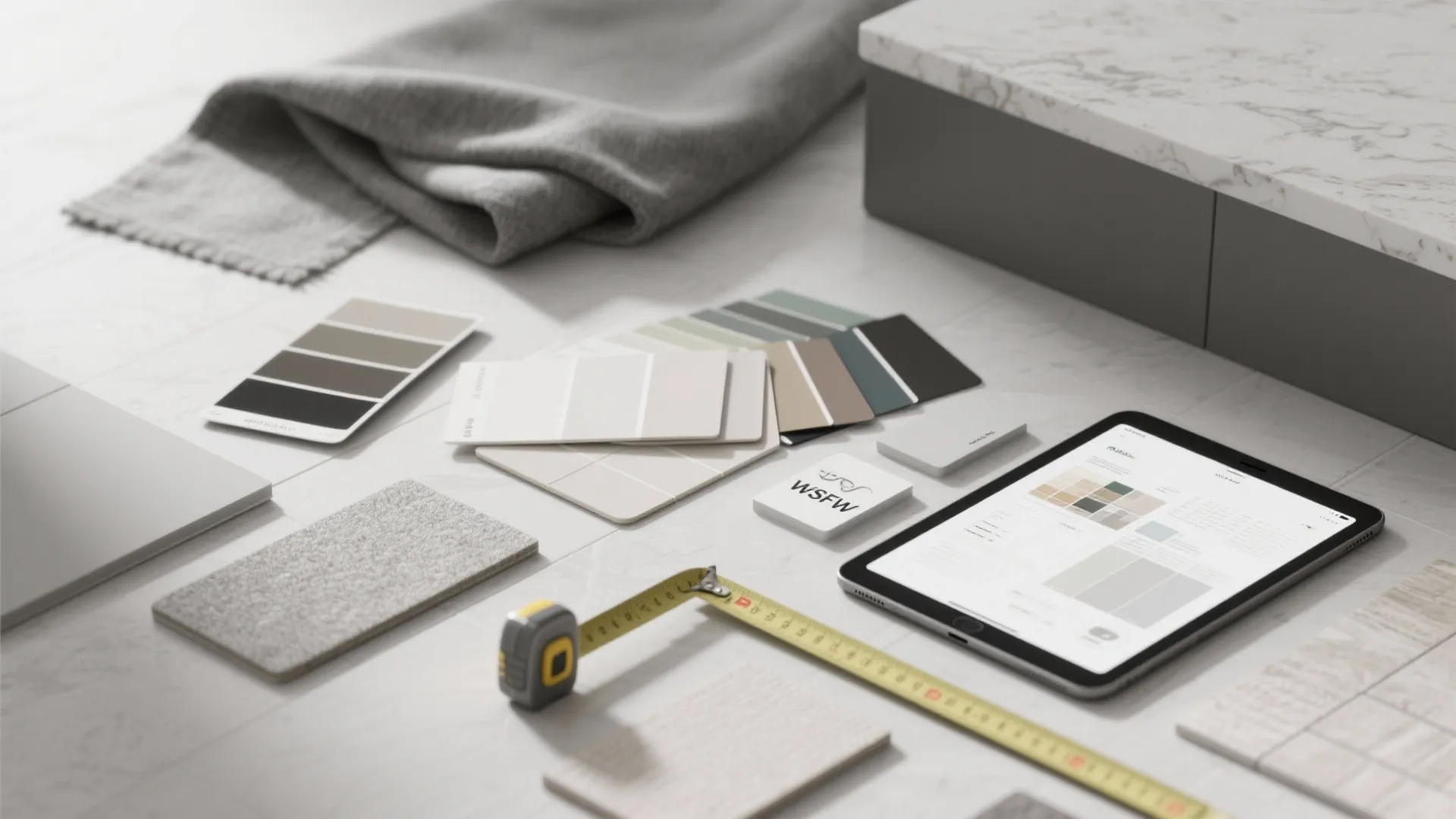 Interior design mood board with grey fabric color swatches measuring tape and a digital tablet