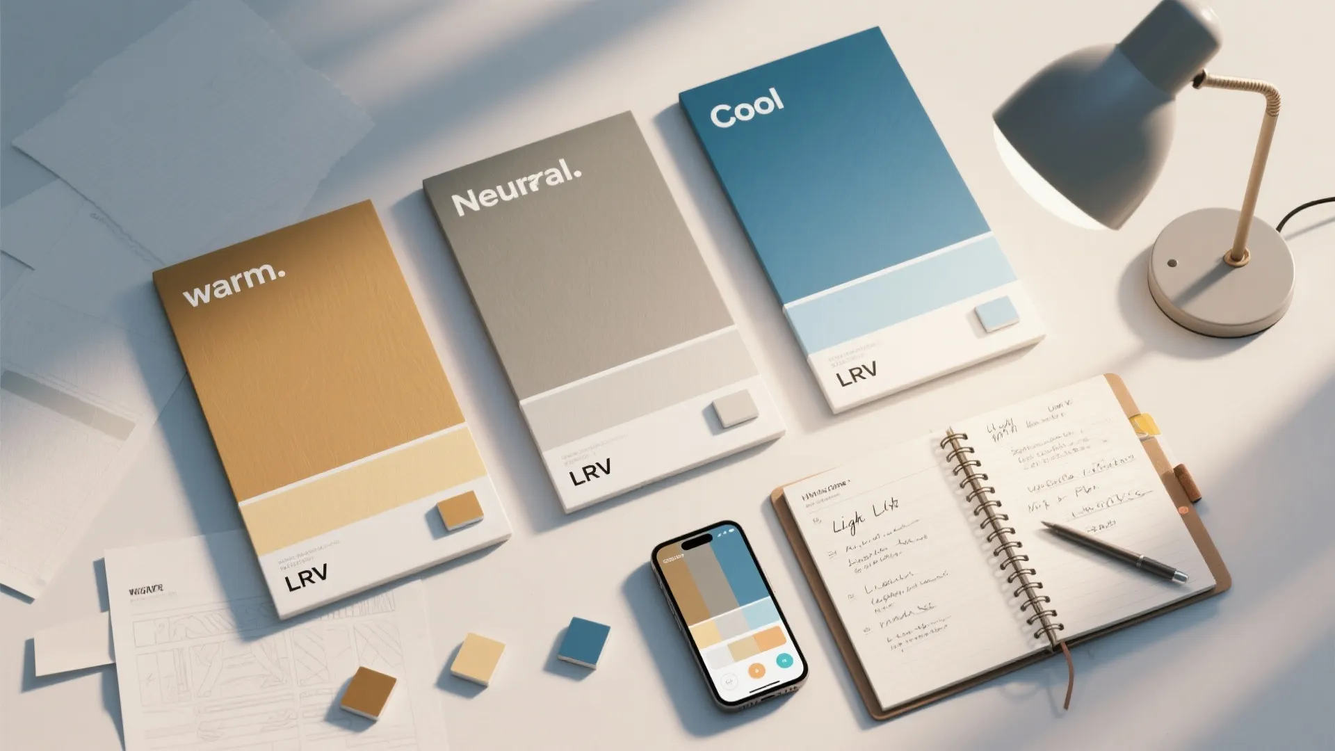 Desk with color swatches a notebook desk lamp and a smartphone showing a color app