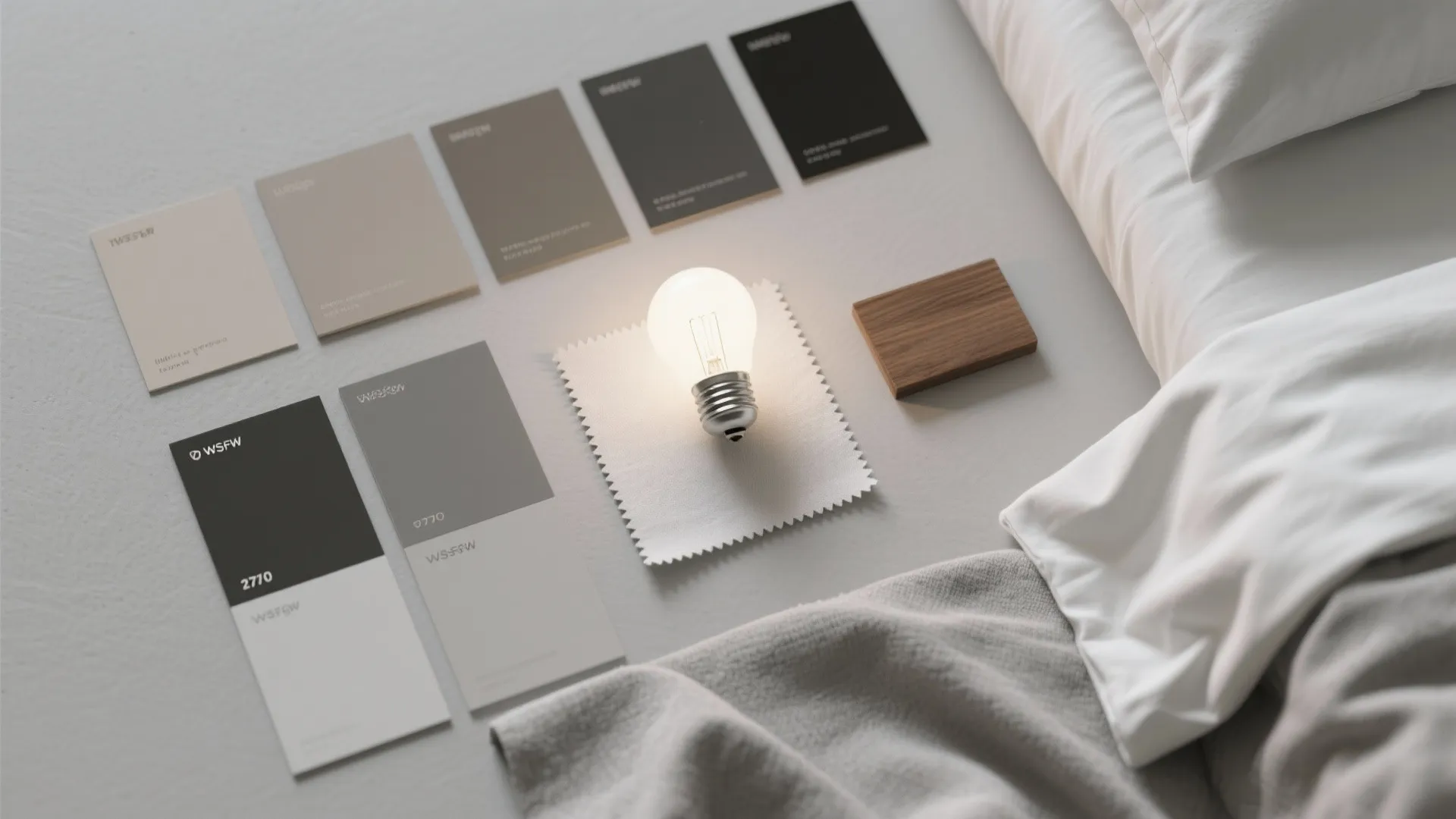 Collection of grey color swatches with a glowing light bulb on a bed with soft blankets
