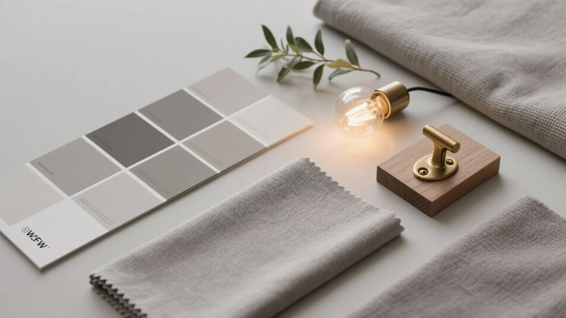 Interior design mood board with grey color swatches fabric samples a light bulb and hook