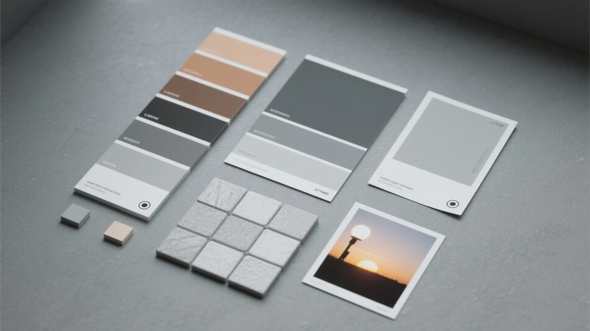 Interior design mood board with grey color swatches stone tiles and sunset photo on table