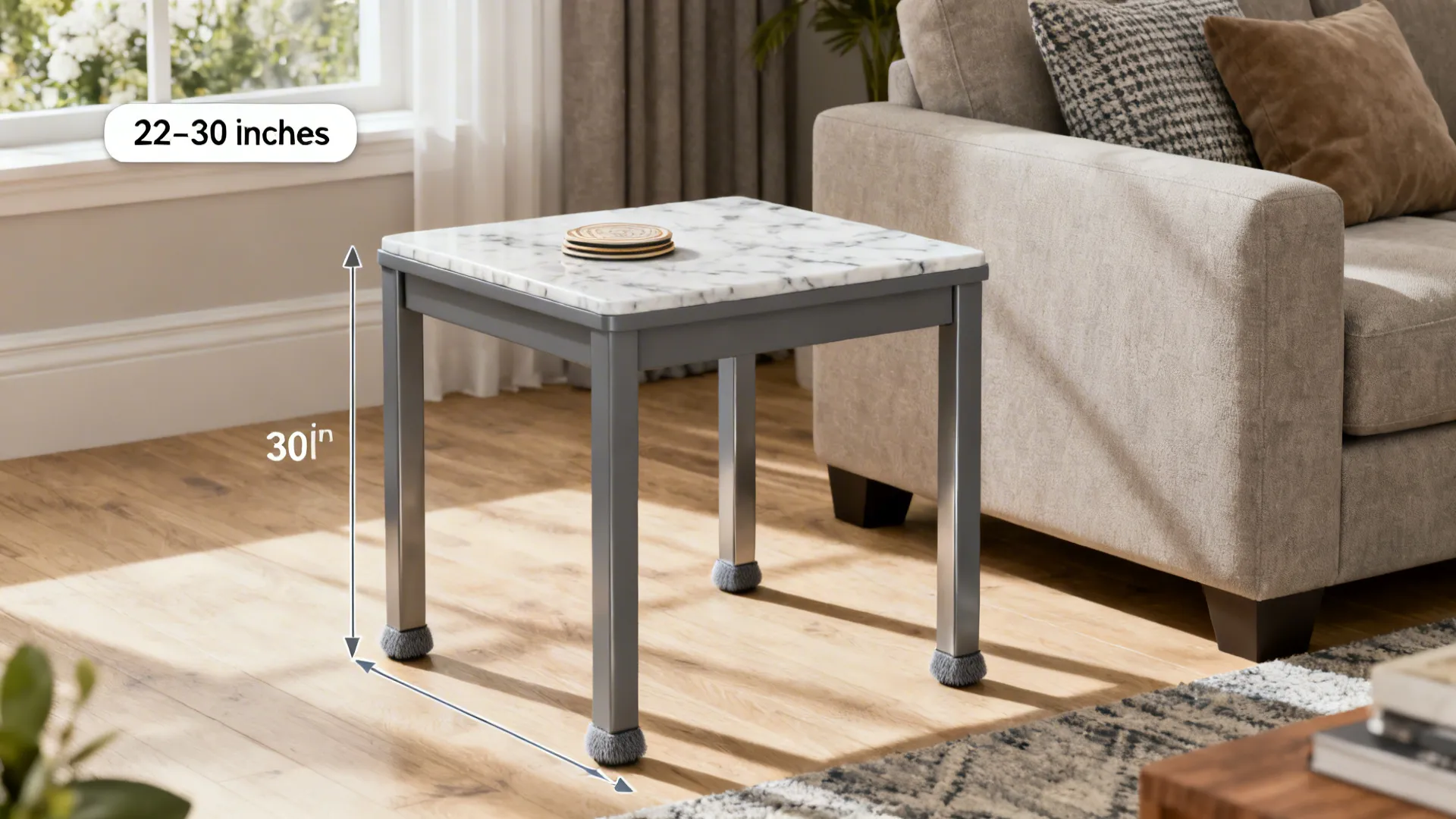 Living room vignette showing a grey end table with practical tips like height and protective pads.