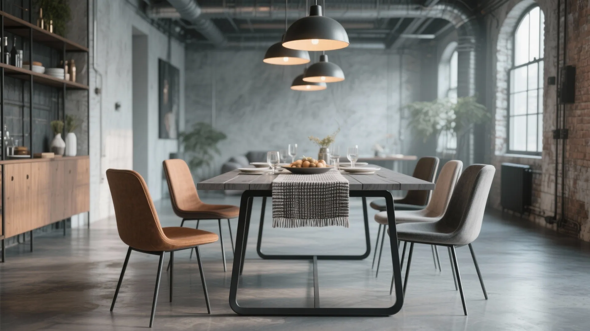 Industrial dining room with long wooden table four modern chairs ceiling lights and brick wall