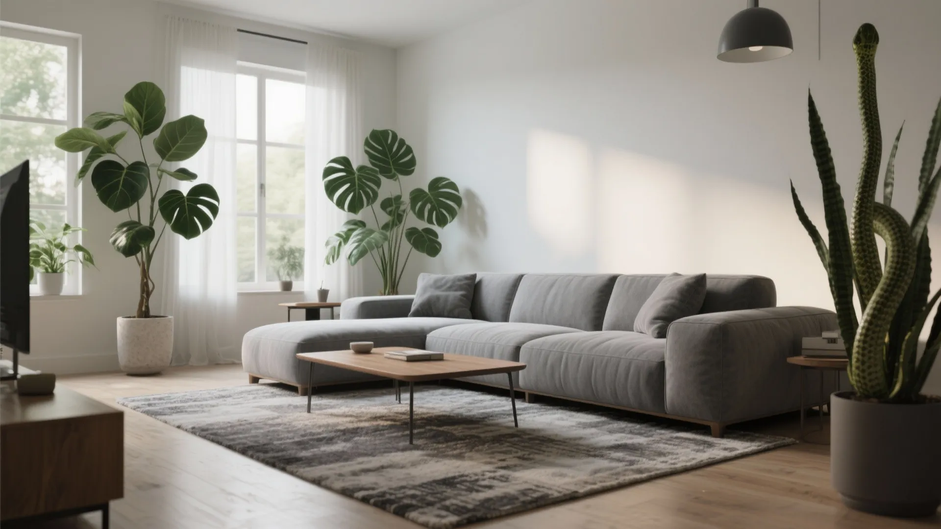 Bright living room with grey sofa wooden coffee table large green plants and natural light