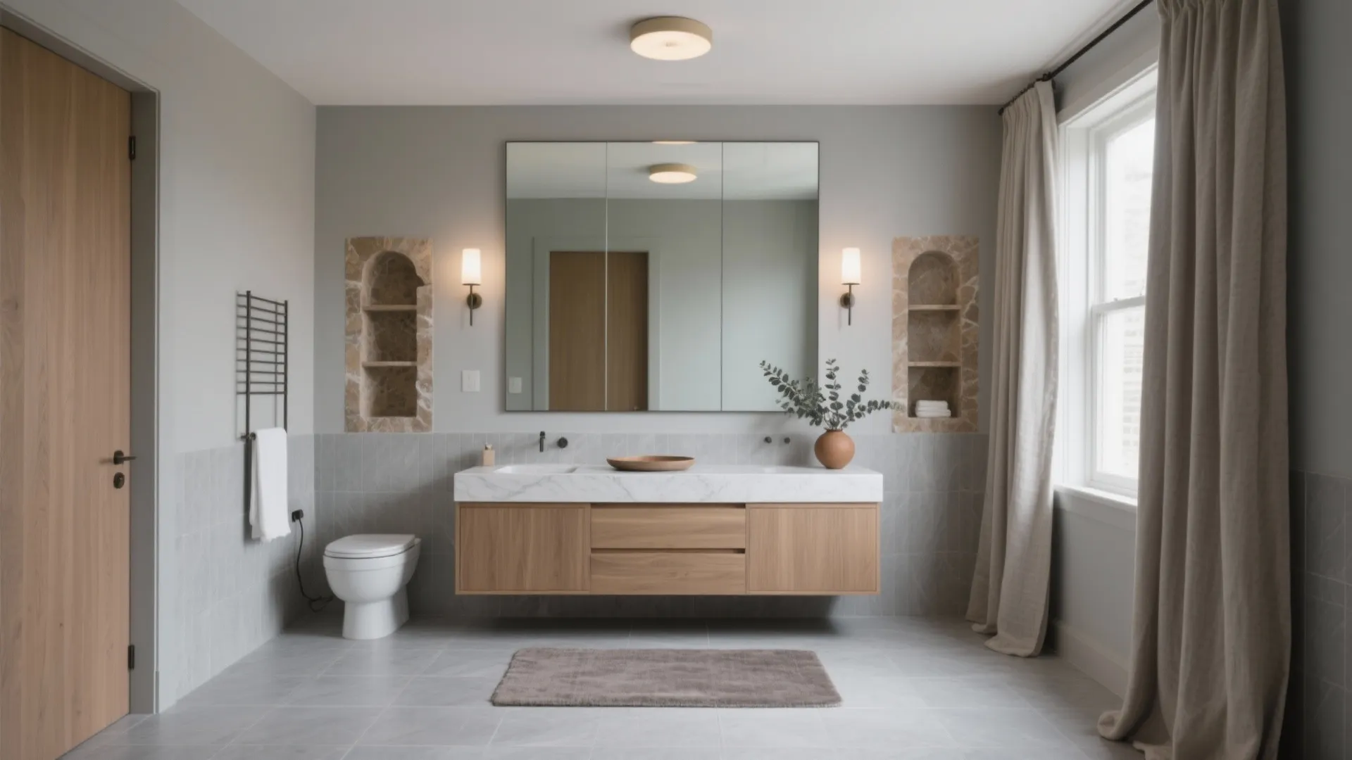 Modern bathroom with wood cabinet, white sink, large mirror, wall lights, and grey floor tiles