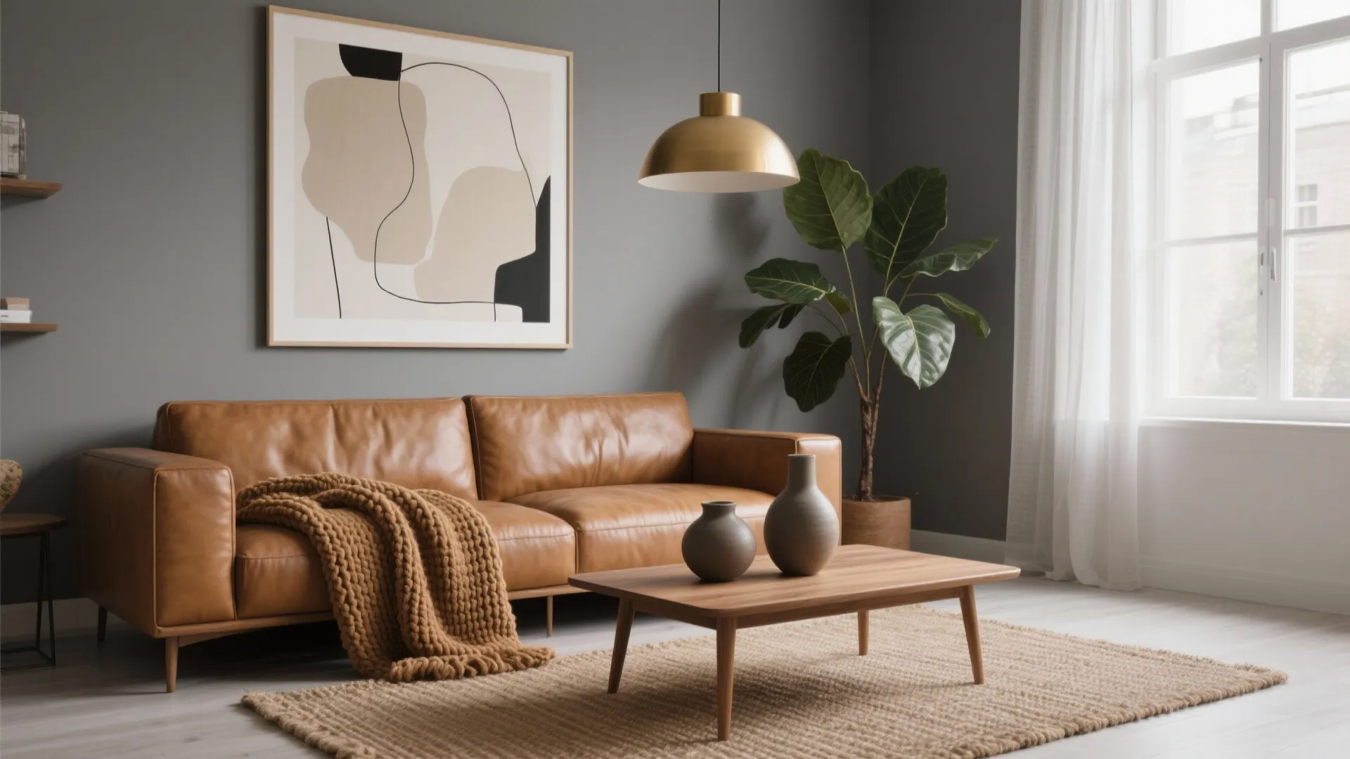 Brown leather sofa with wooden coffee table and gold ceiling light in a grey room