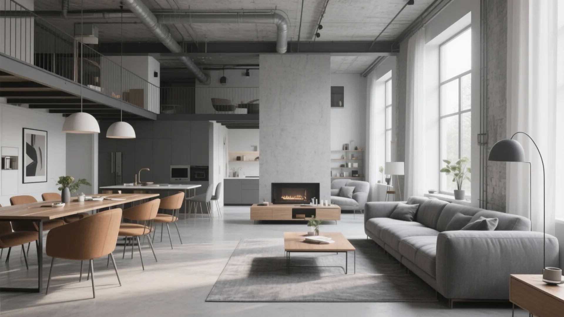 Open-plan loft with grey and tan zones