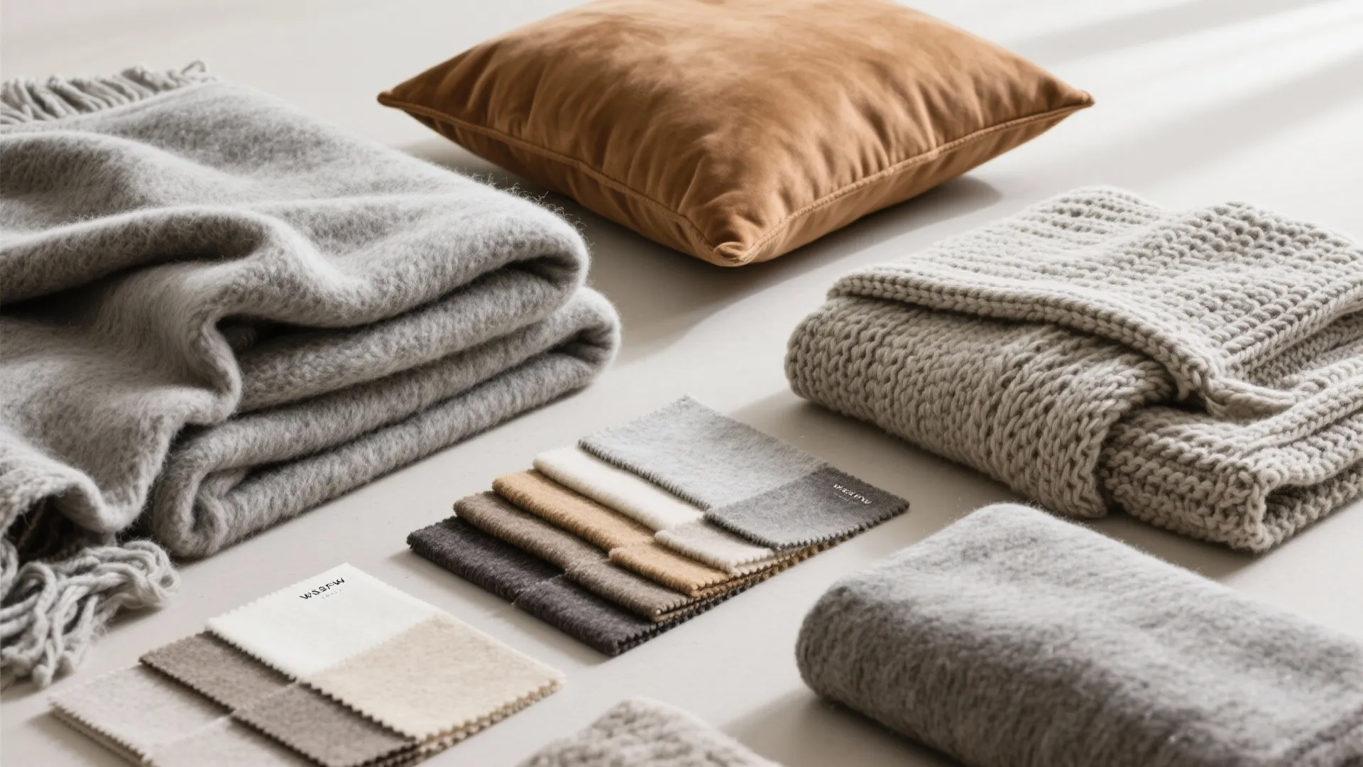 Layered grey and tan textiles flat lay