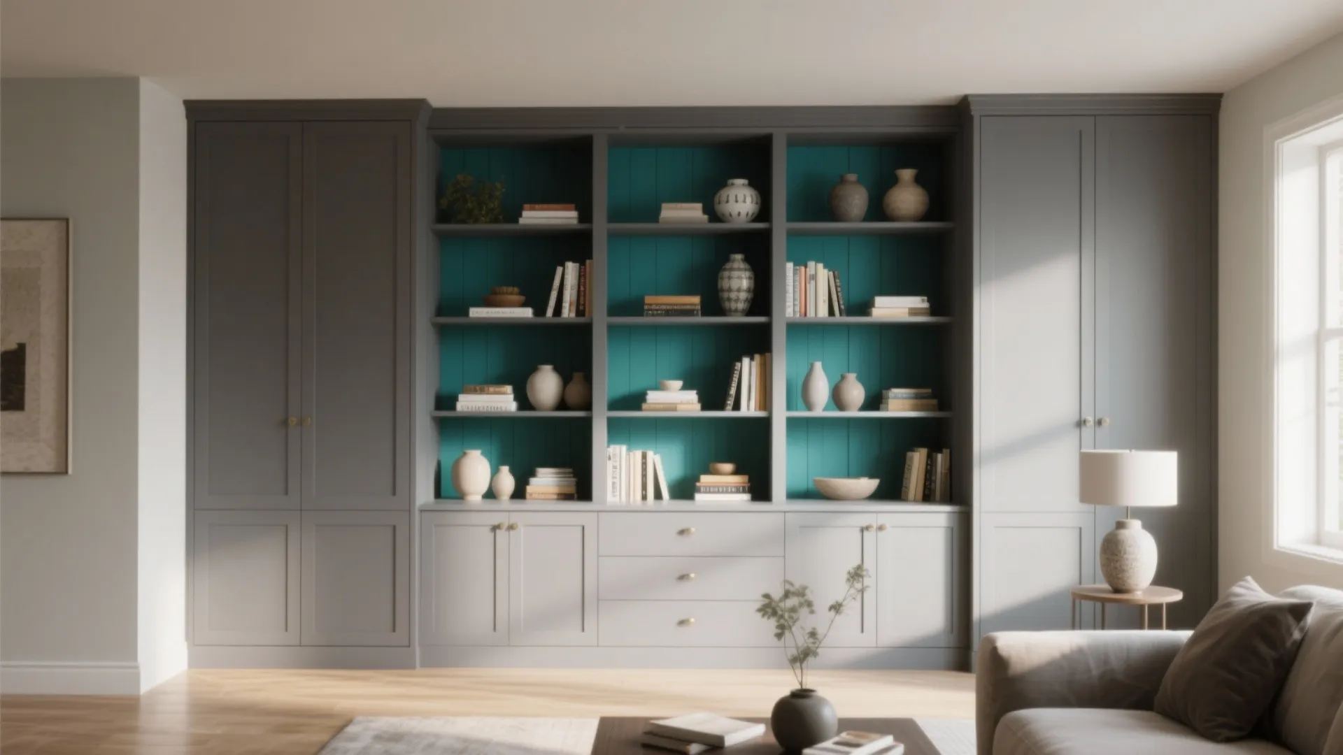 9. Grey Built-in Cabinets with Teal Interior Shelving