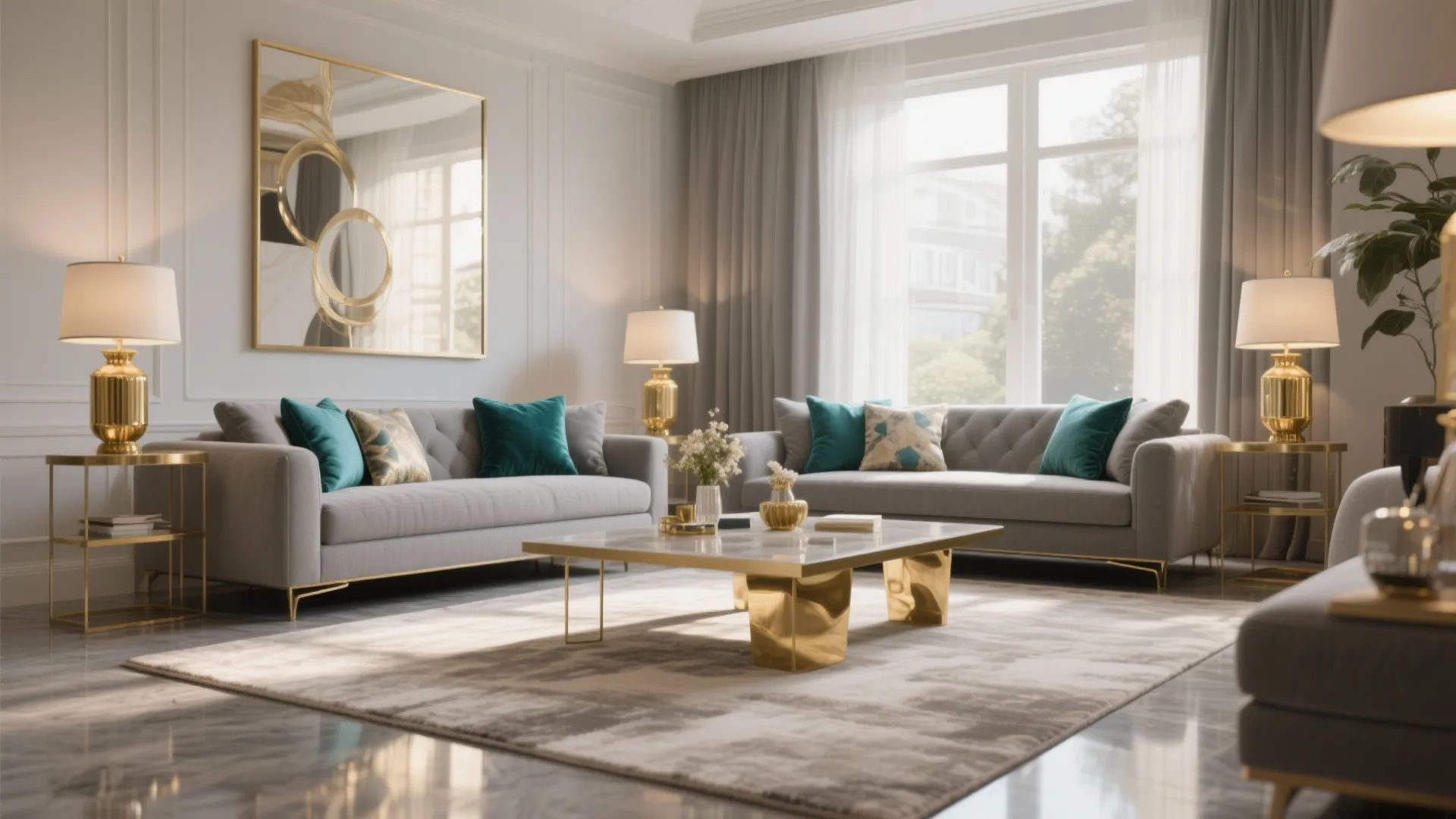 Grey sofas with teal cushions and gold lamps