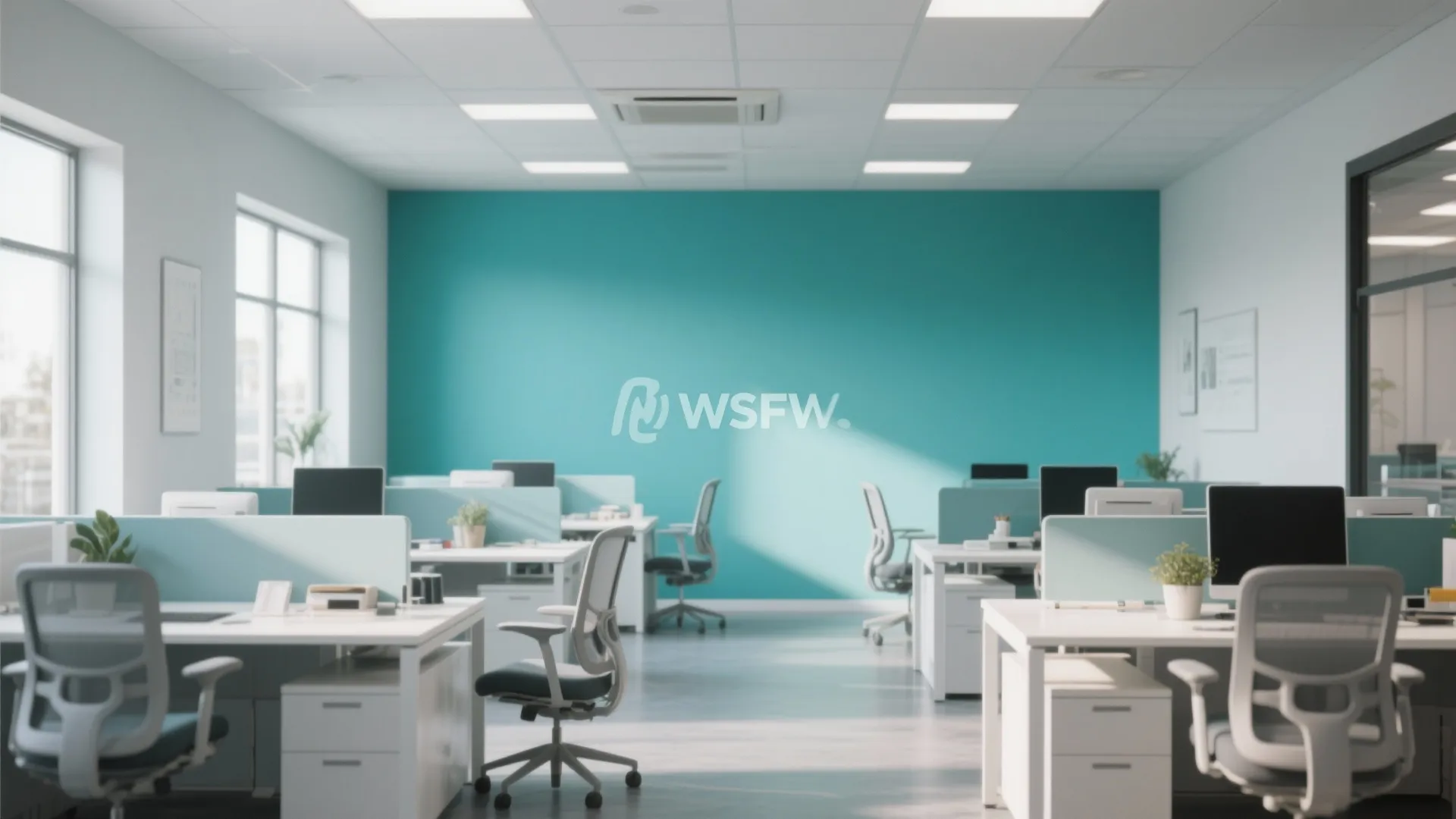 Bright open office with teal feature wall white desks grey chairs and rows of computer monitors