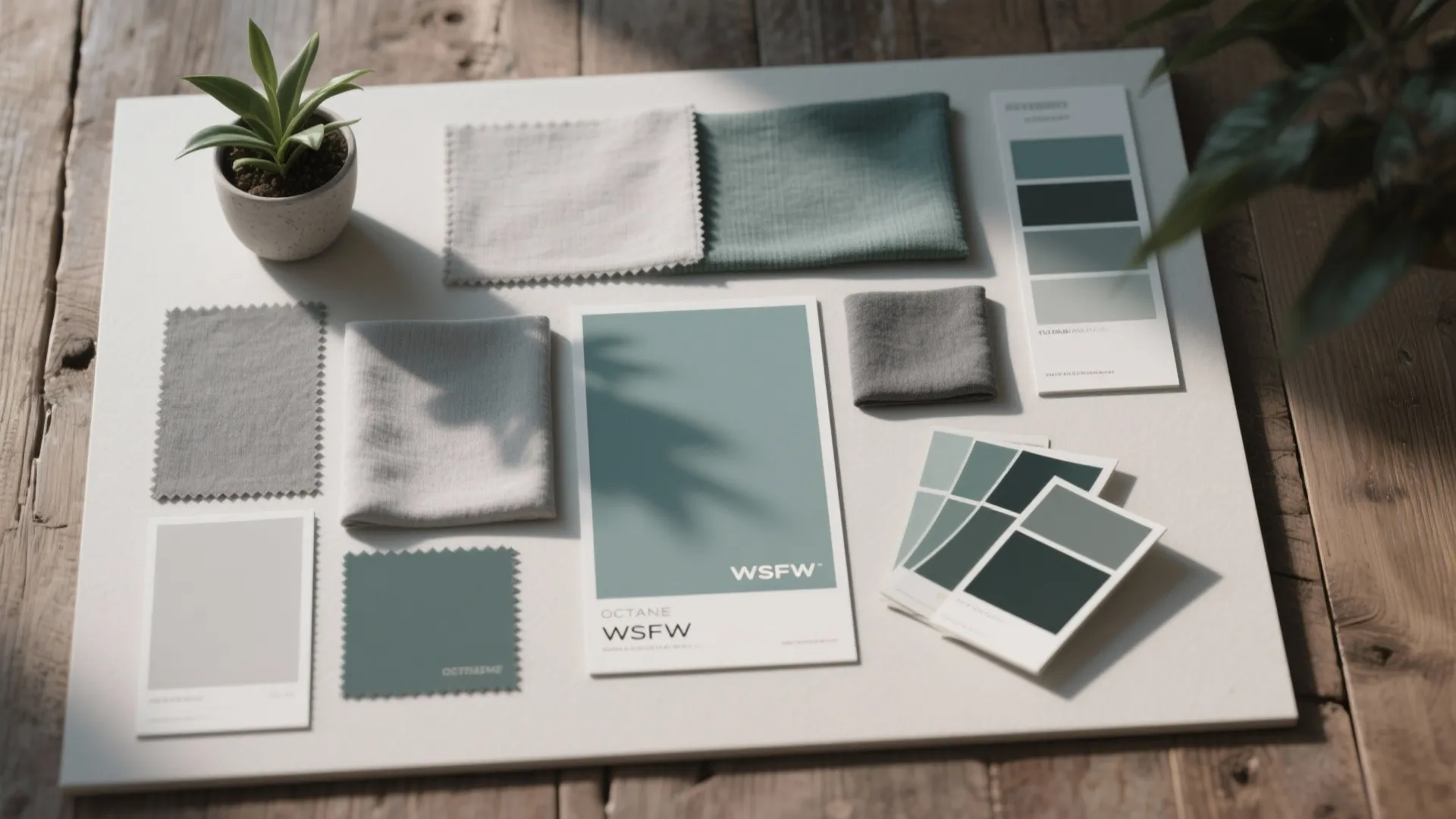 Mood board with fabric samples and color cards in teal and grey for interior design