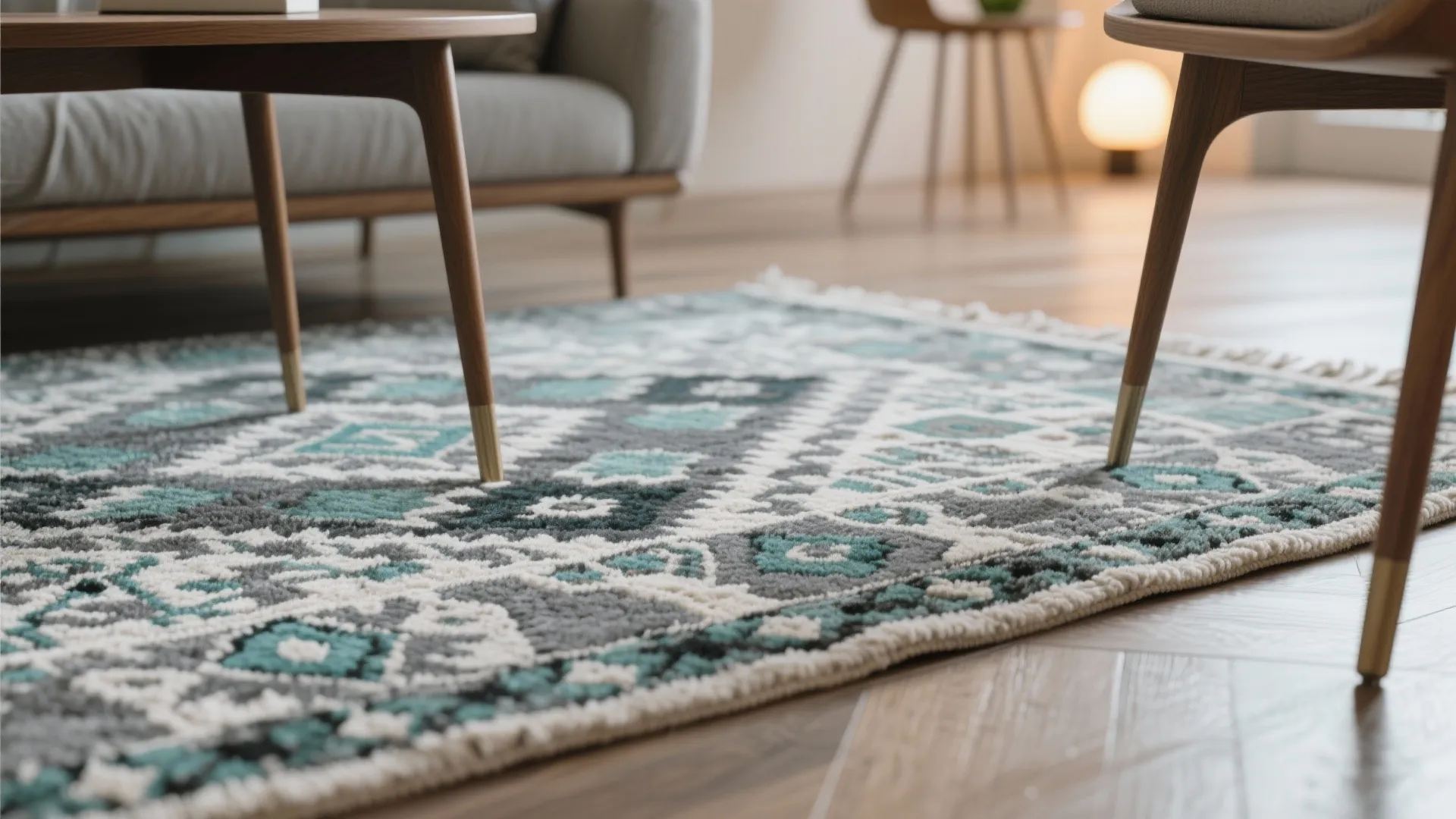 Grey and teal patterned Moroccan rug in living room