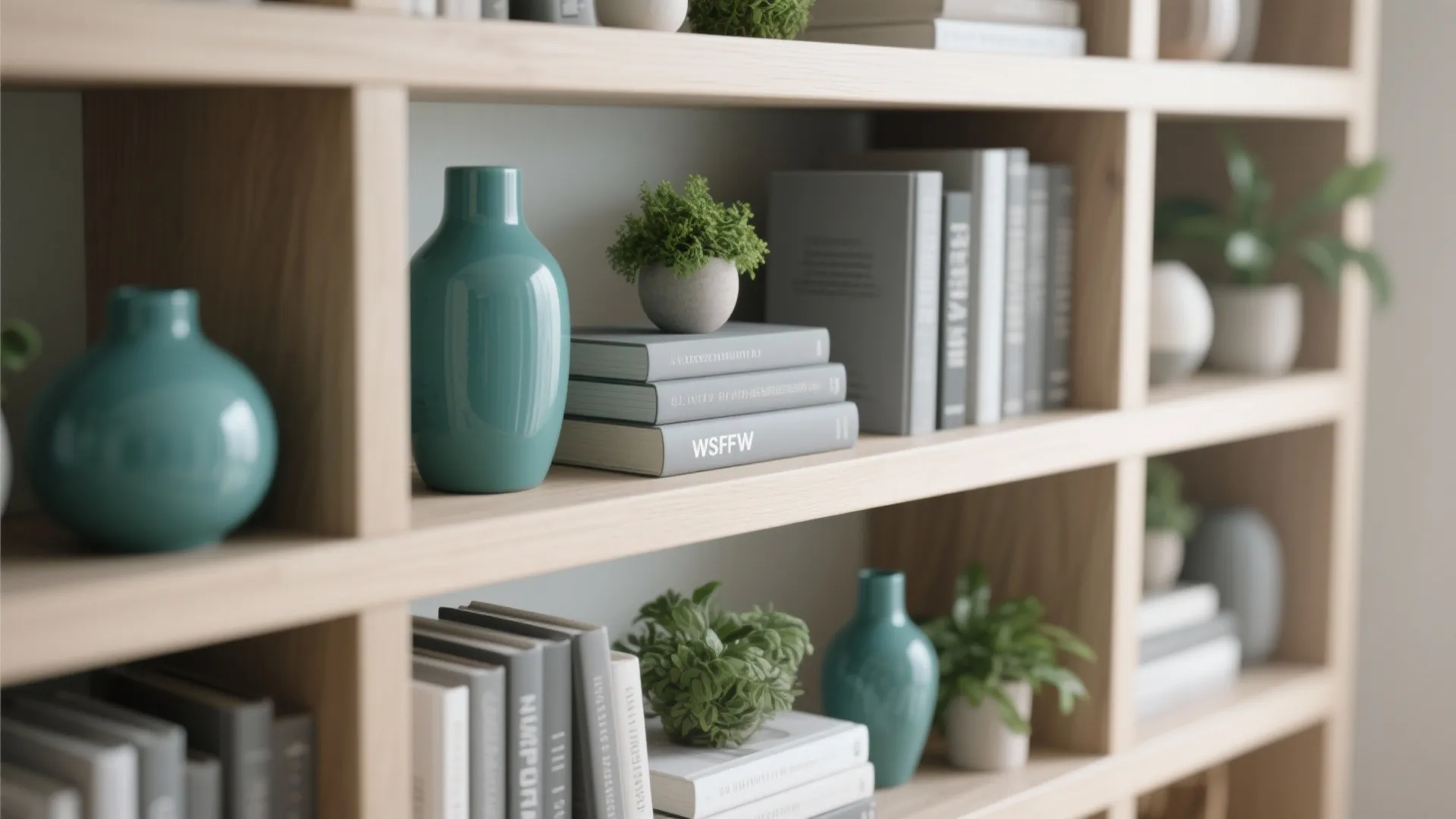7. Grey and Teal Open Shelving Styling