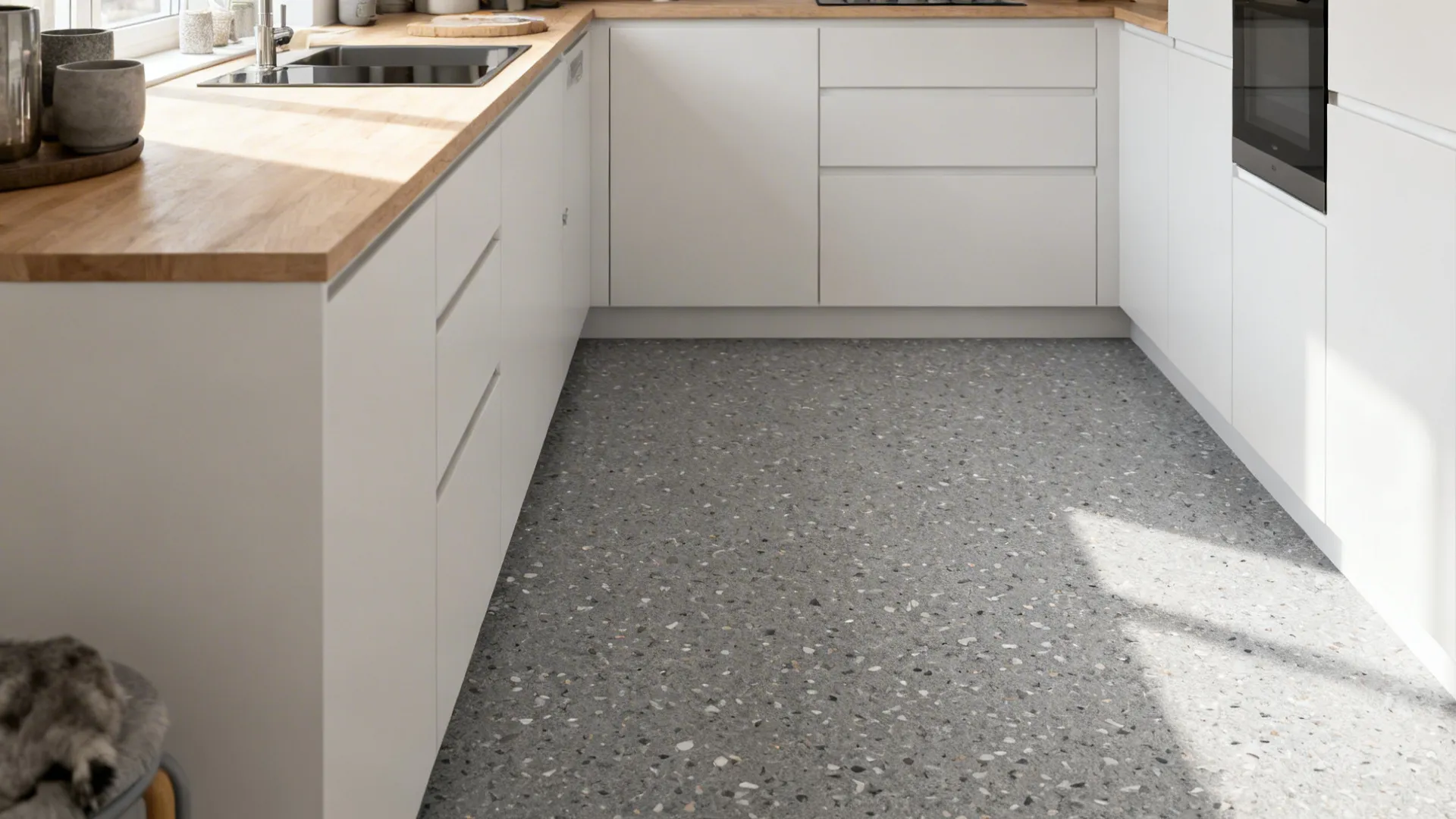 Scandi kitchen with fine-chip grey terrazzo-look floor, white cabinets, and oak accents.