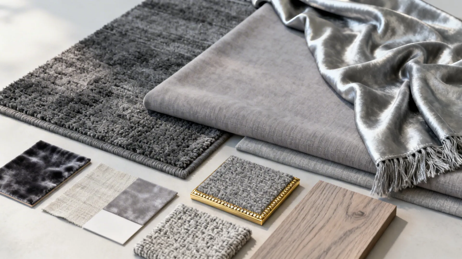 Flatlay of charcoal, dove-grey and silver-grey textile swatches with gold and wood samples