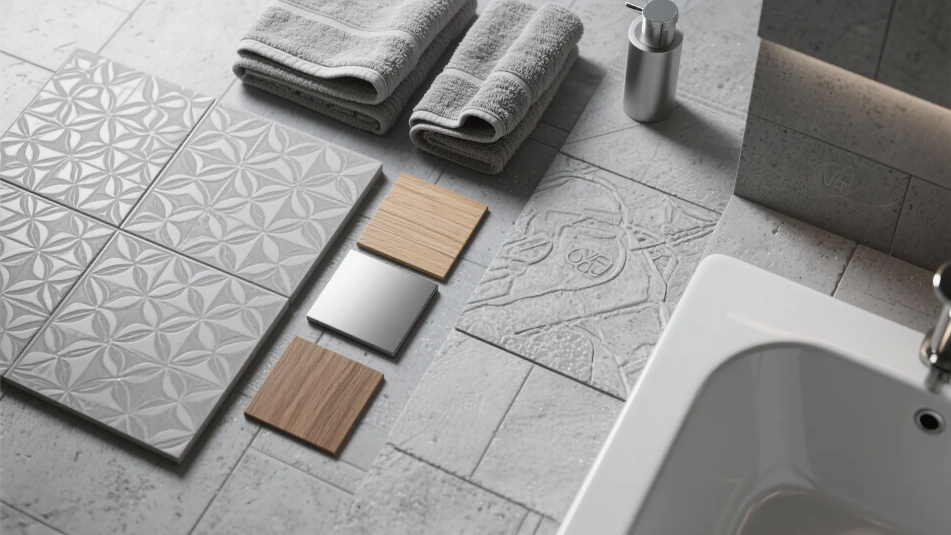 Bathroom material flat lay featuring grey patterned tiles, wood samples, grey towels, and soap dispenser