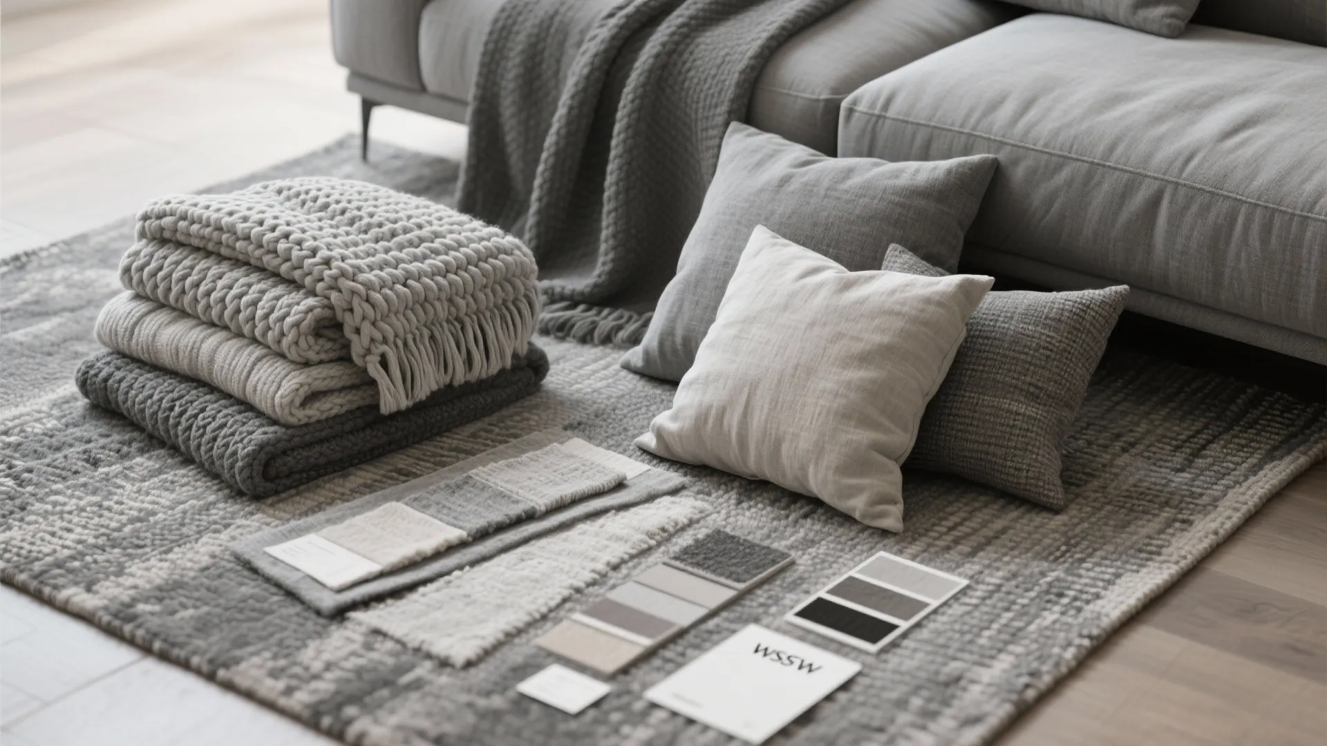 Grey rug with folded blankets and pillows alongside various fabric material samples in living room