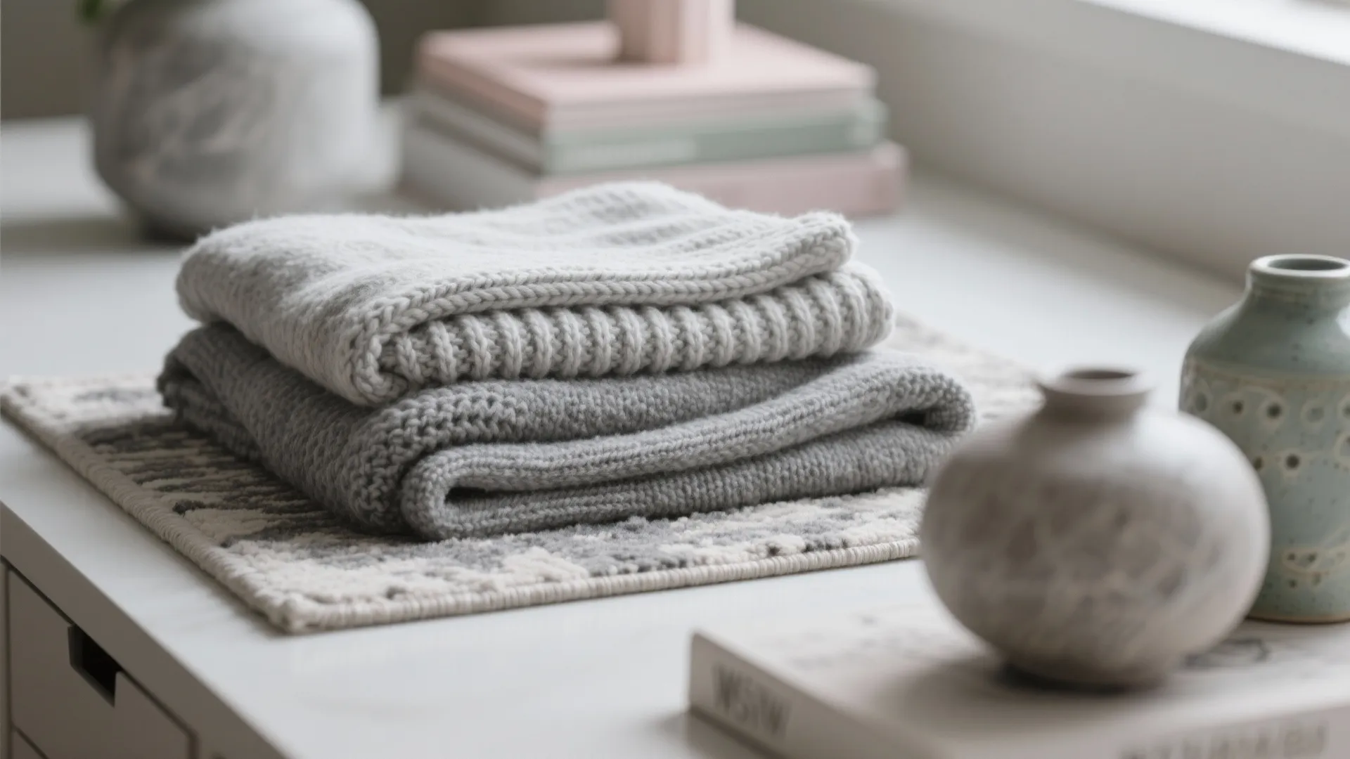 Stacked grey knitted blankets on a white cabinet with decorative ceramic vases and books background