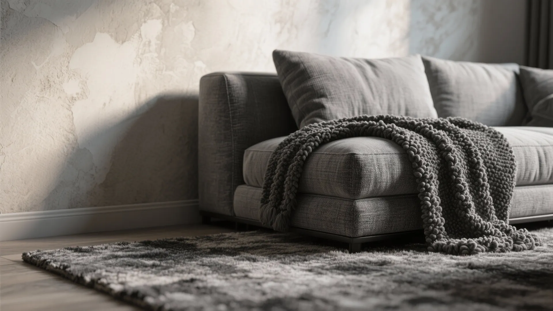 Close up of grey sofa with knitted blanket and fuzzy rug in a sunlit room