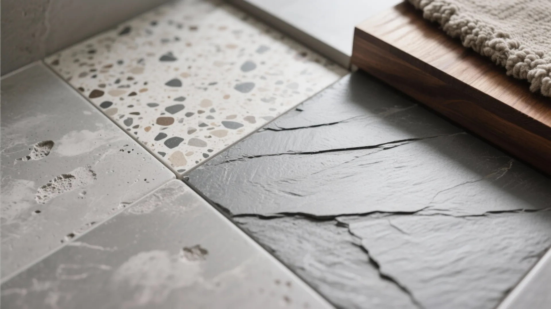 Close up view of various floor tiles including grey stone marble and colorful speckled terrazzo patterns