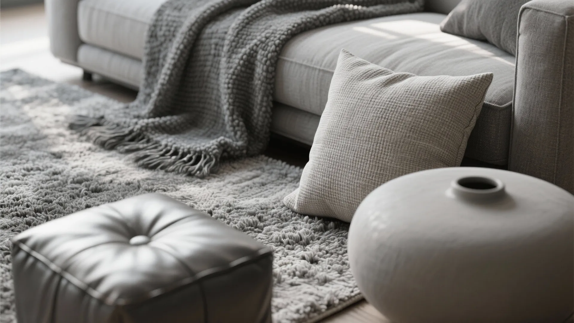 Close up of grey sofa with soft pillow woven blanket leather footrest and textured rug